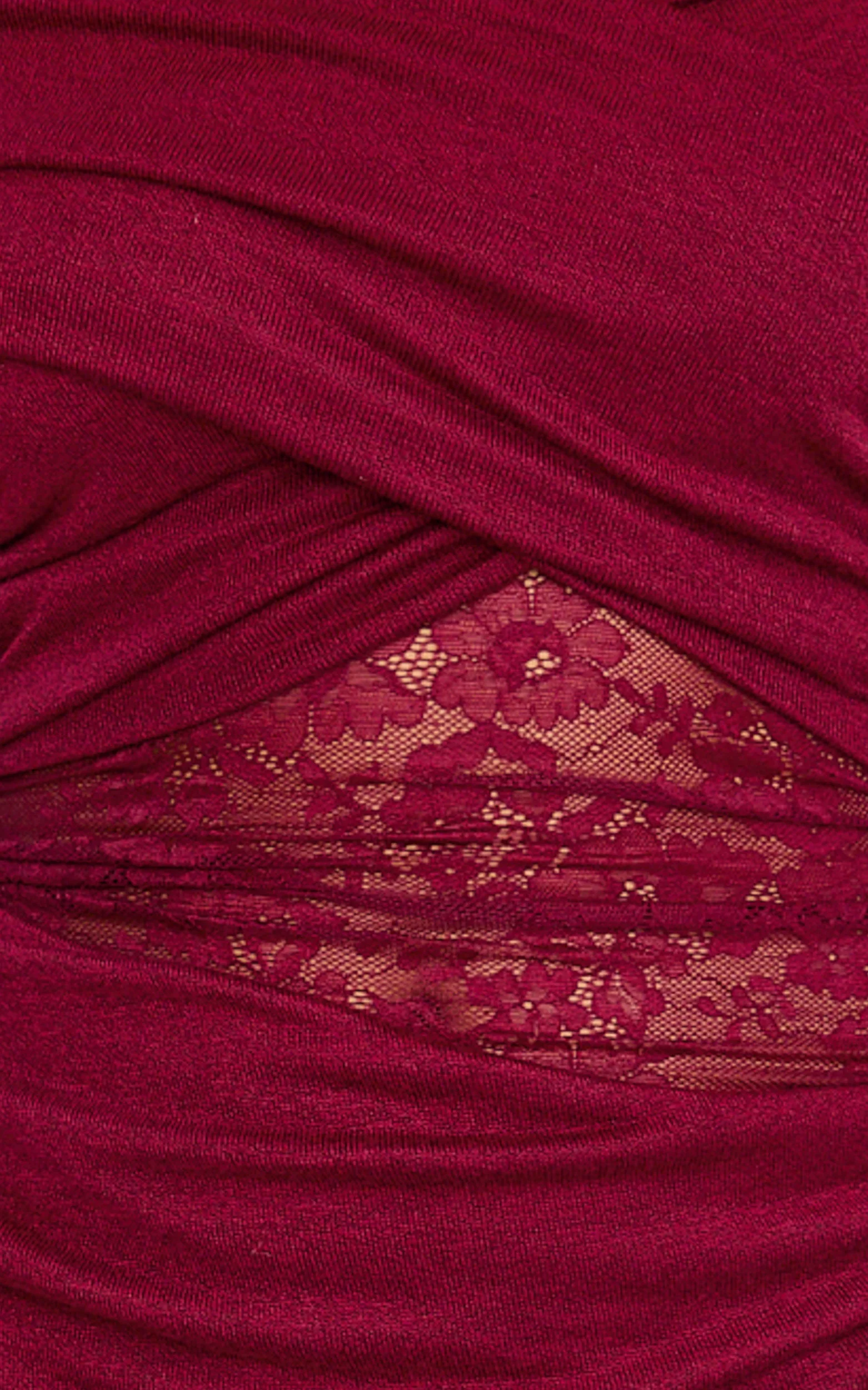 Juliet Mini Dress - Off Shoulder Lace Contrast Bodycon Dress in Wine