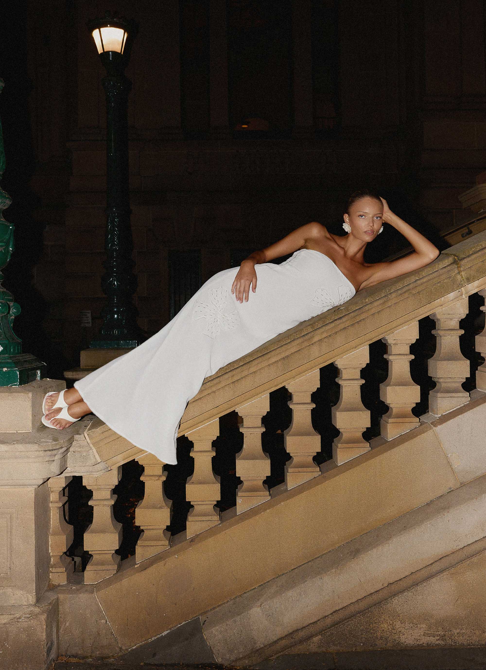 Sassafras Beaded Flower Strapless Maxi Dress - White