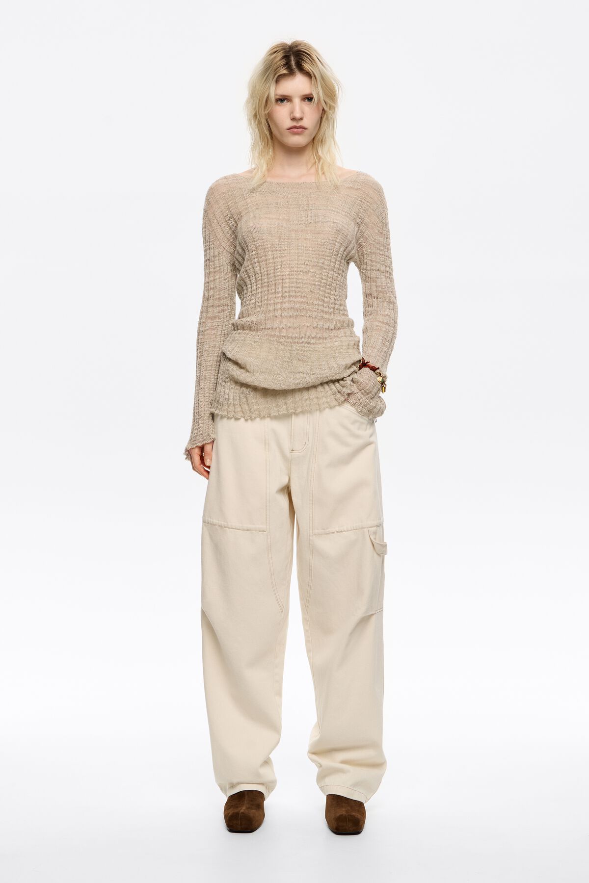 BARREL - Ivory denim trousers with zips