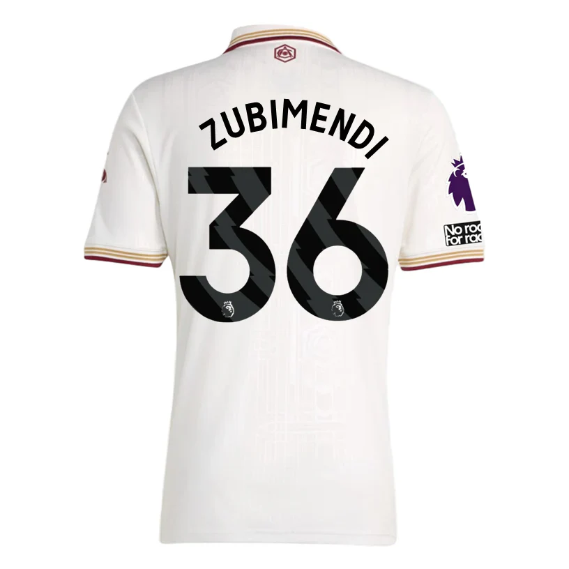 Zubimendi Men's Arsenal FC Third Jersey 25/26 w/ NRFR + EPL Patches (White/Burgundy)