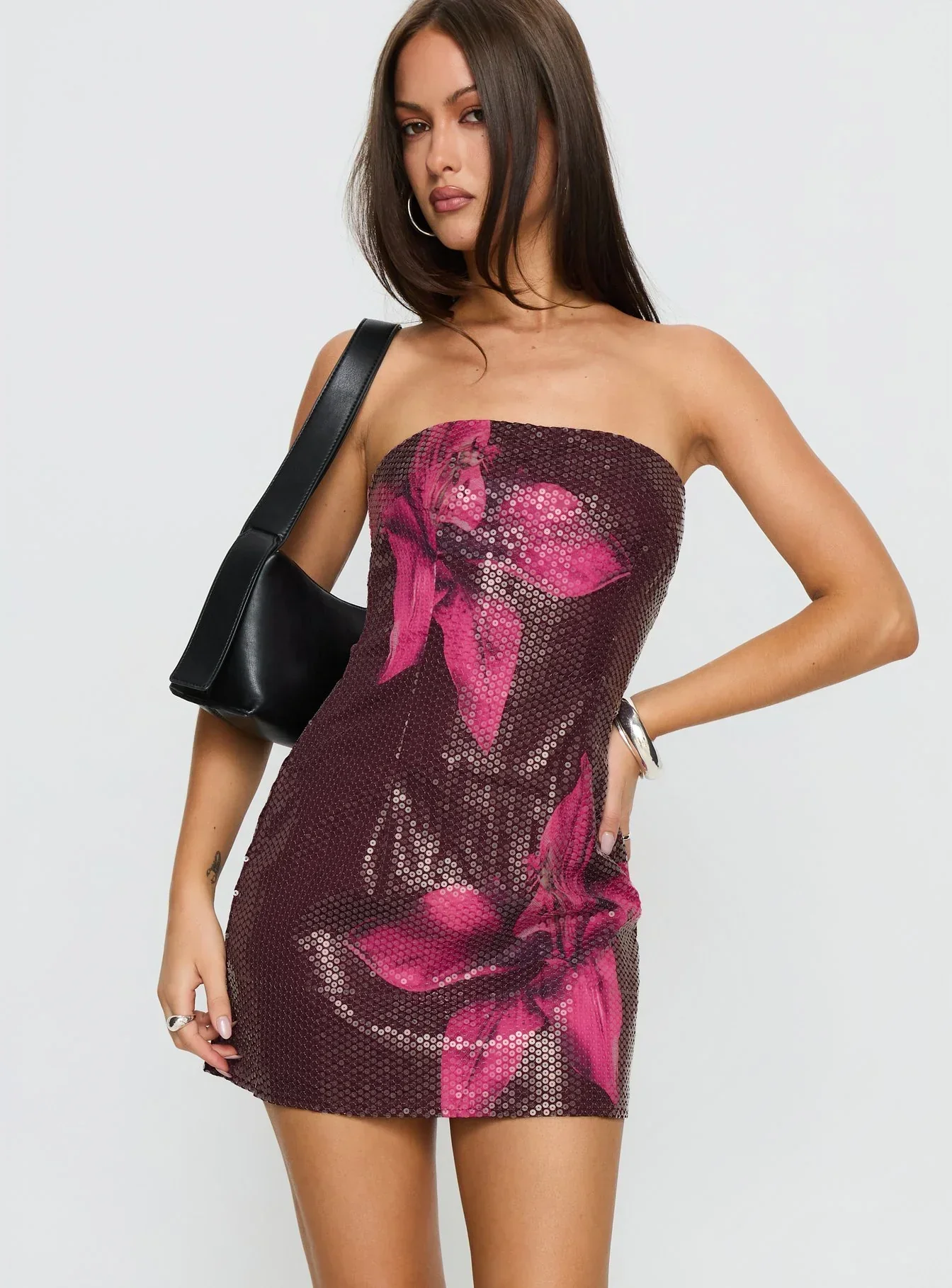 Desiri Strapless Sequin Mini Dress Brown / Pink Floral