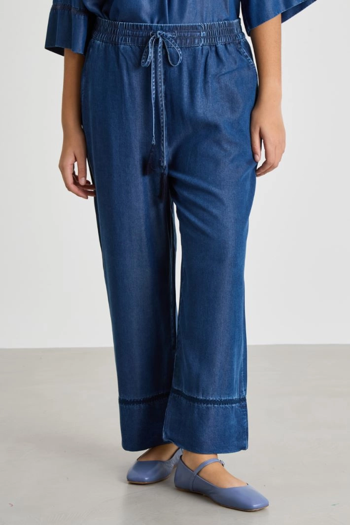 Wide-leg embroidered twill trousers - BLUE