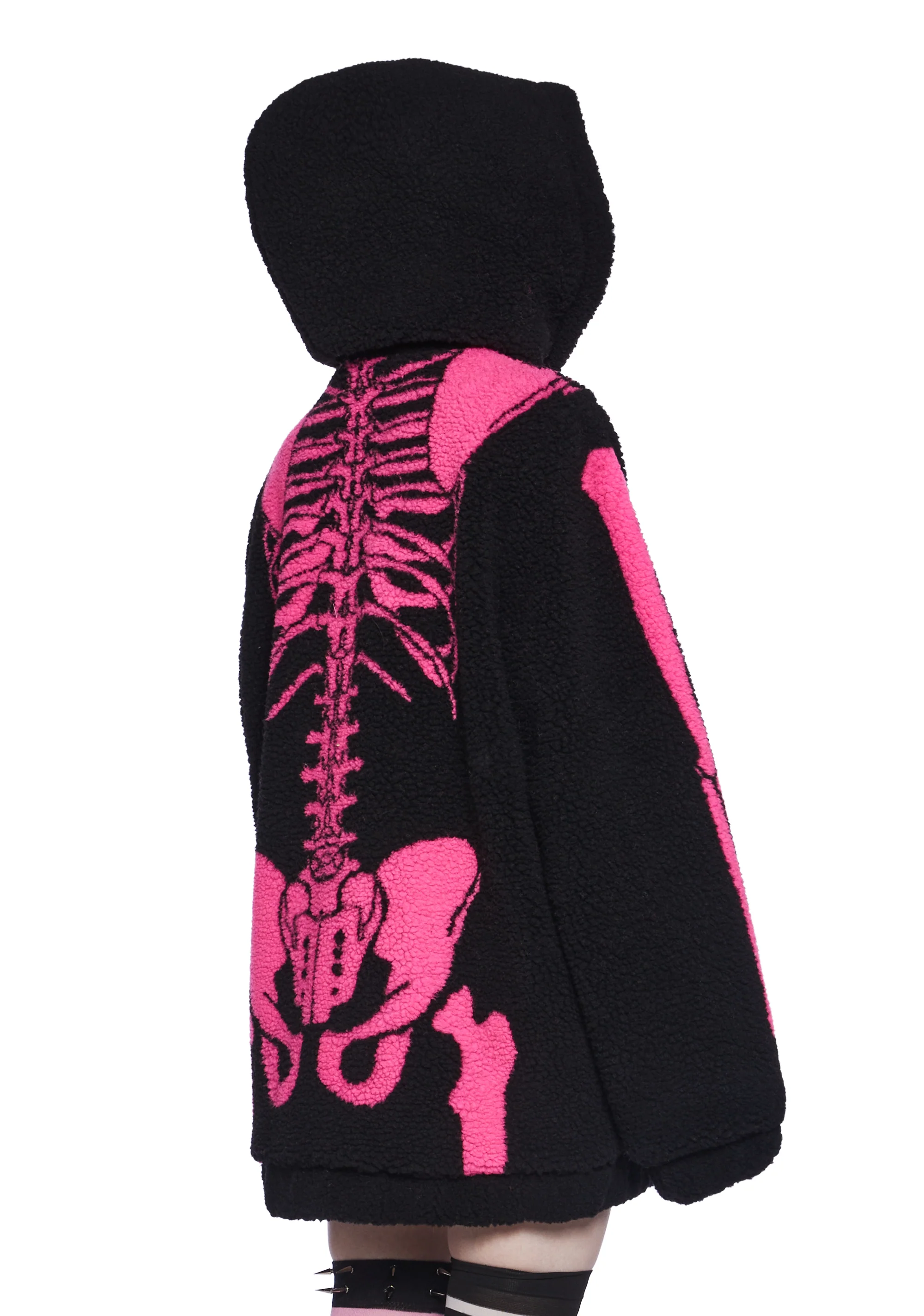 Baring It All Skeleton Hooded Sherpa Jacket - Pink