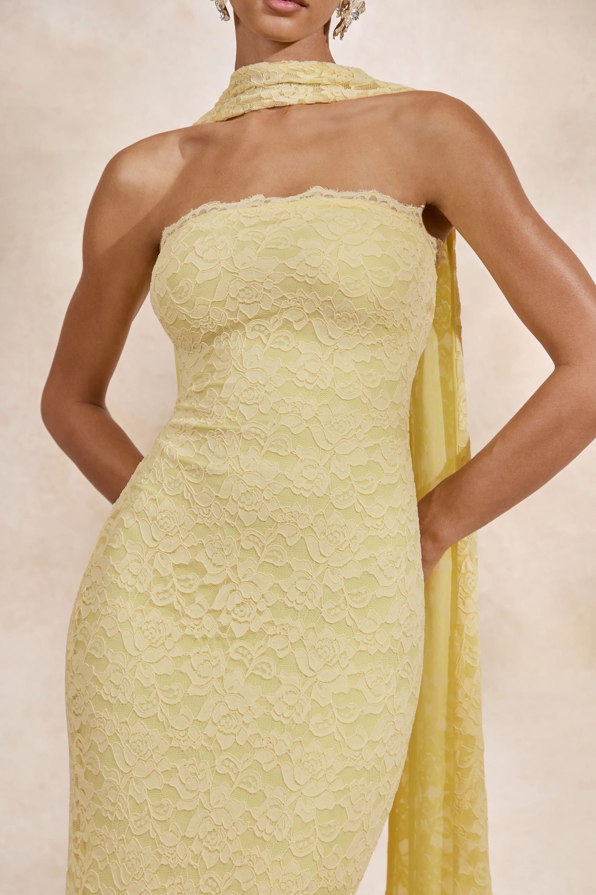 Massima | Lemon Lace Bandeau Maxi Dress With Scarf Detail And Back Split