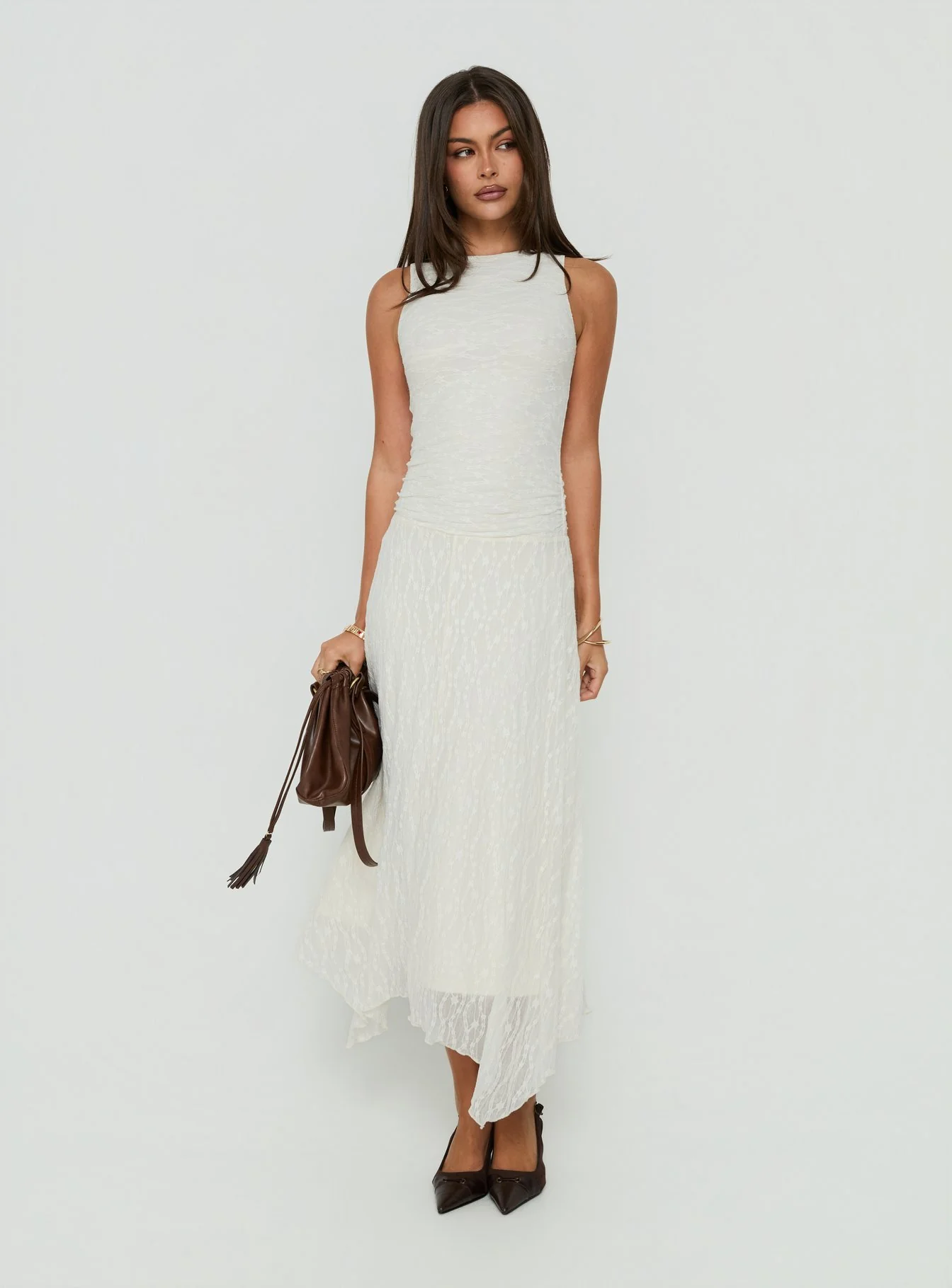 Enzina Lace Hanky Hem Maxi Dress Cream