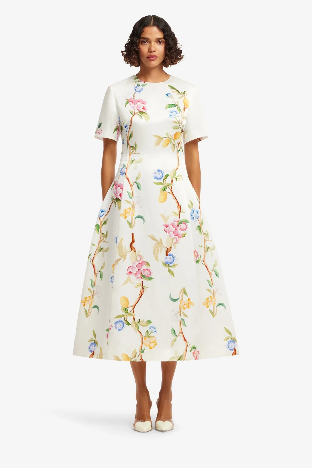 Caroline Short Sleeve Midi Dress - Lemon Vine Print in Snow