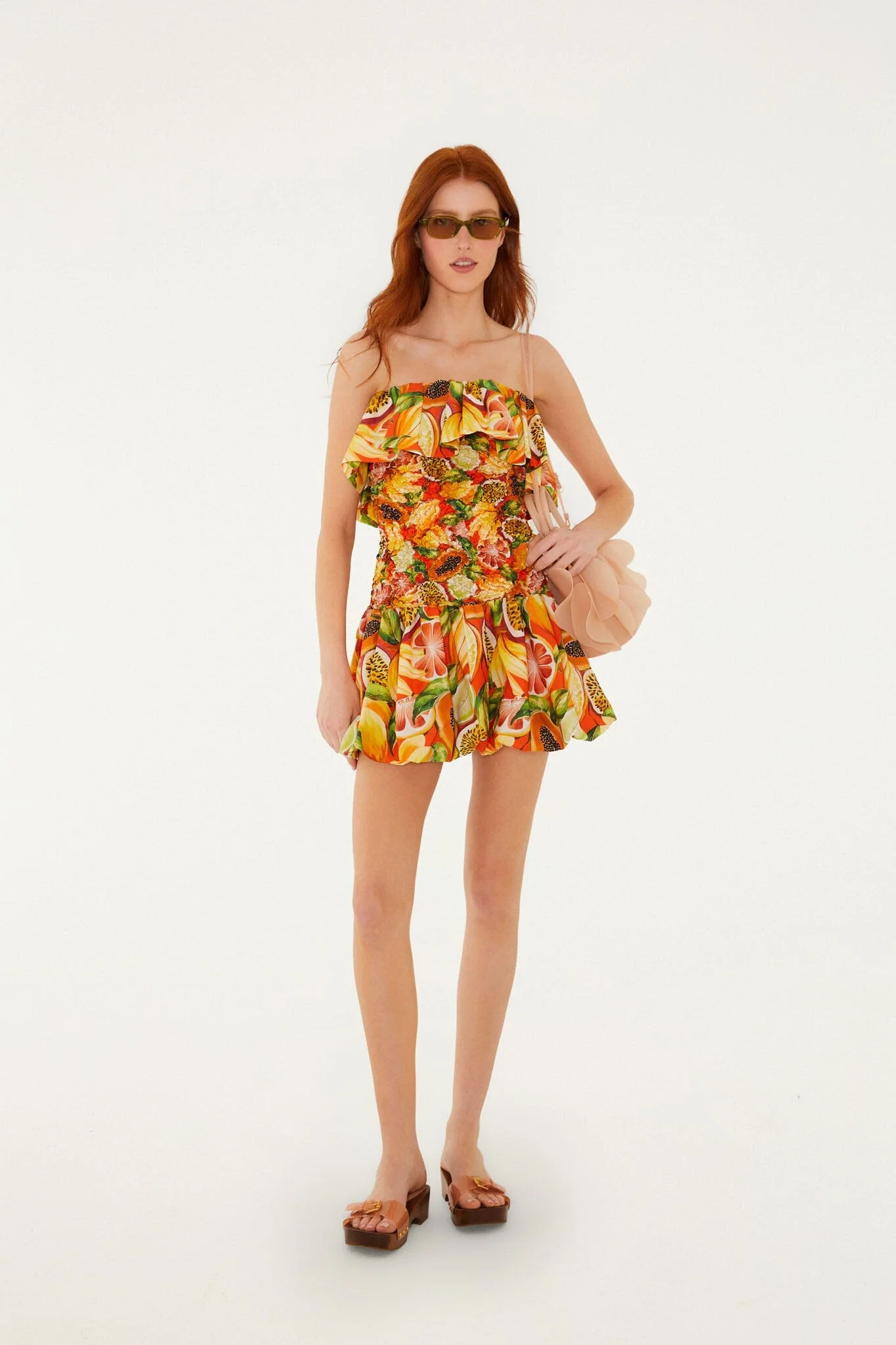 Multicolor Fruit Garden Red Smocked Balloon Mini Dress