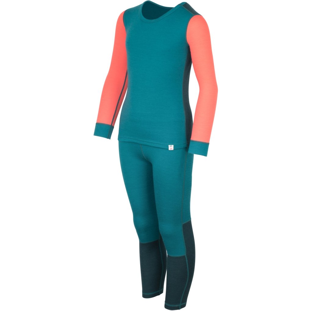 Trollkids Merino II Baselayer Set Kids - Ocean Green/Midnight Petrol/Coral Pink