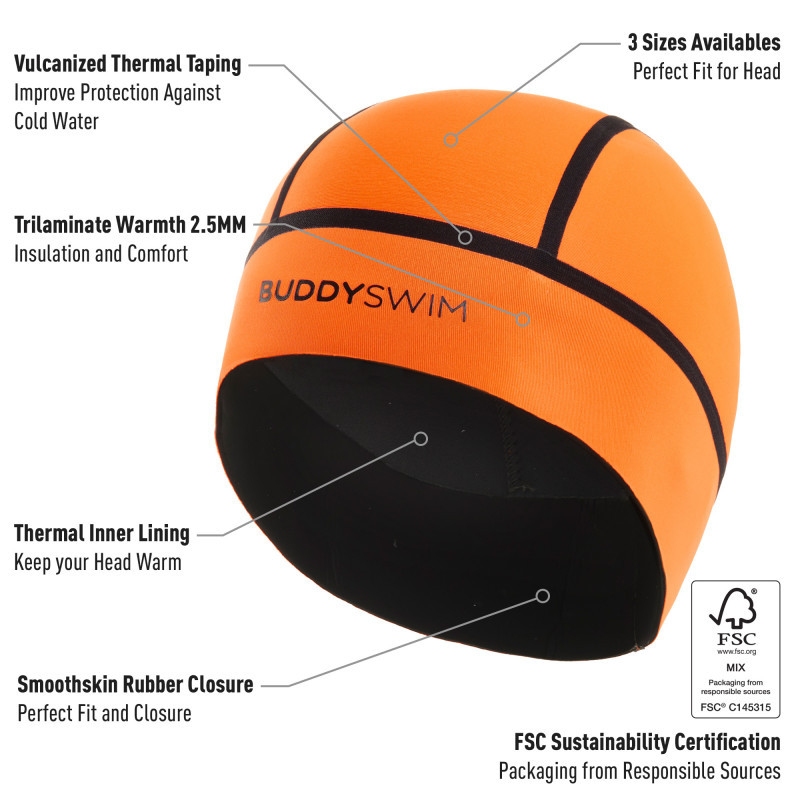 Buddyswim Trilaminate Warmth 2.5mm Swim Cap - orange