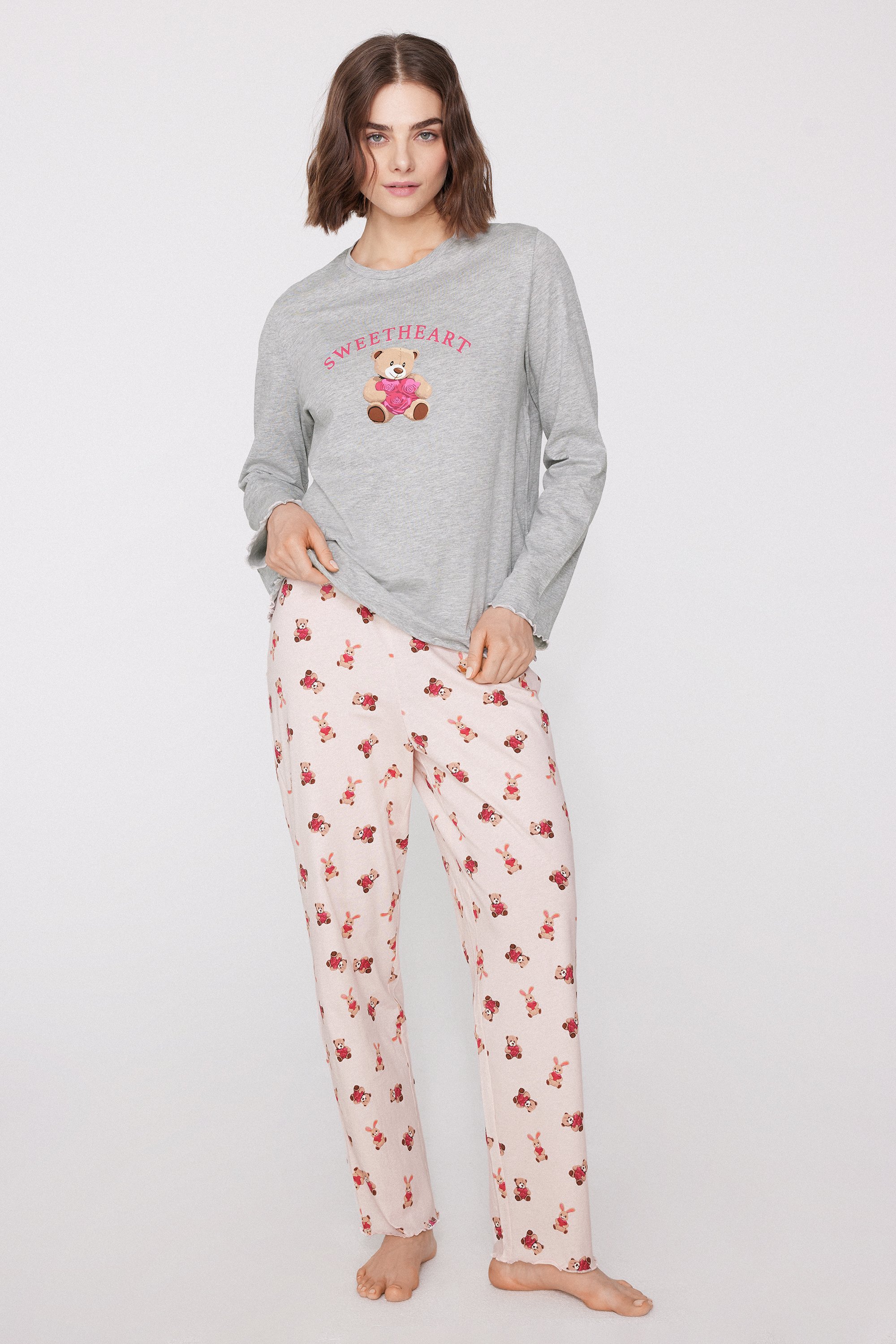 Teddy Bear Print Cotton Long Pyjamas