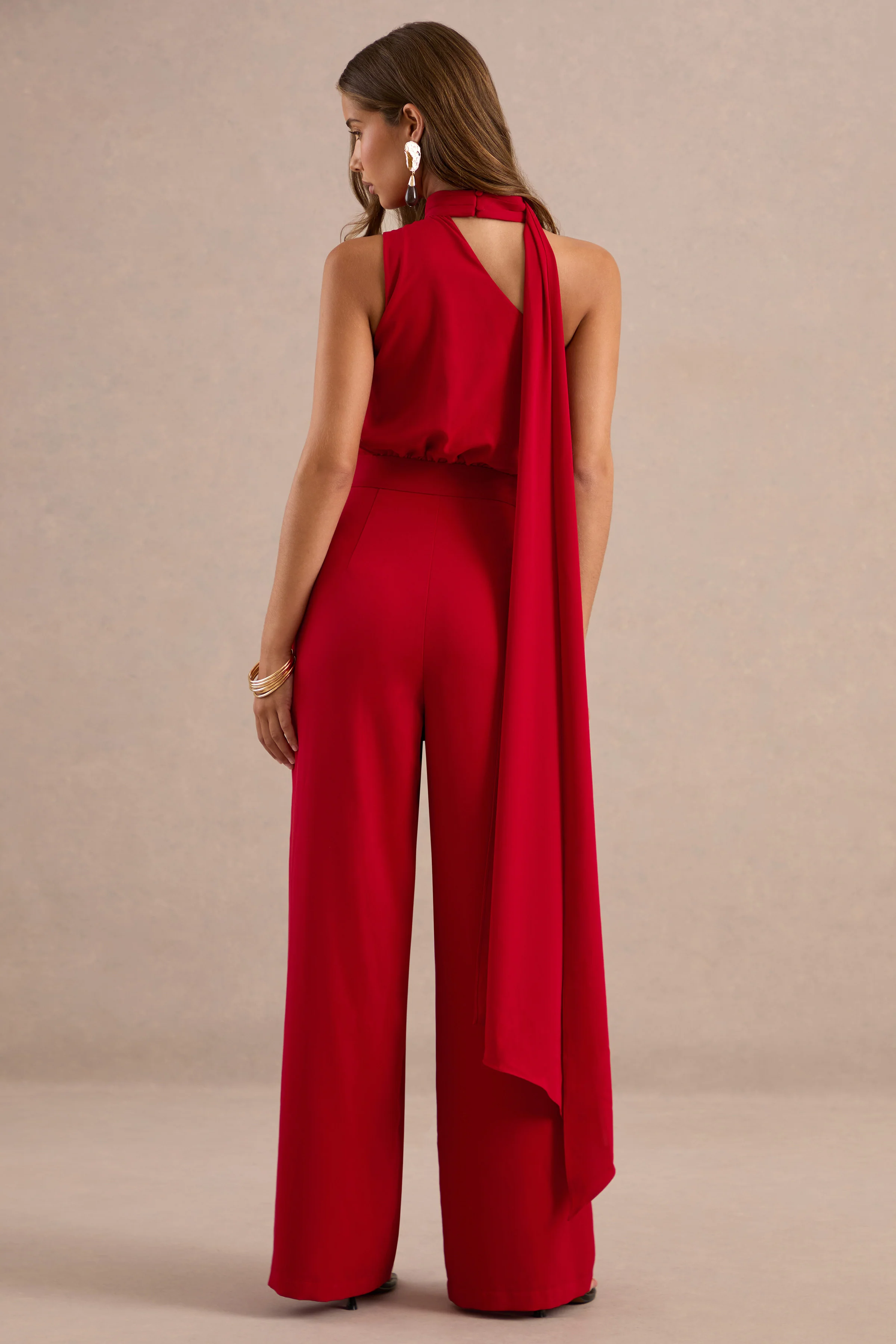 Gliselle | Red One Shoulder Jumpsuit With Scarf Detail