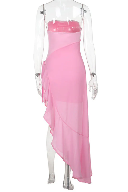 Square Neck Pink Ruffled Hem Long Dress