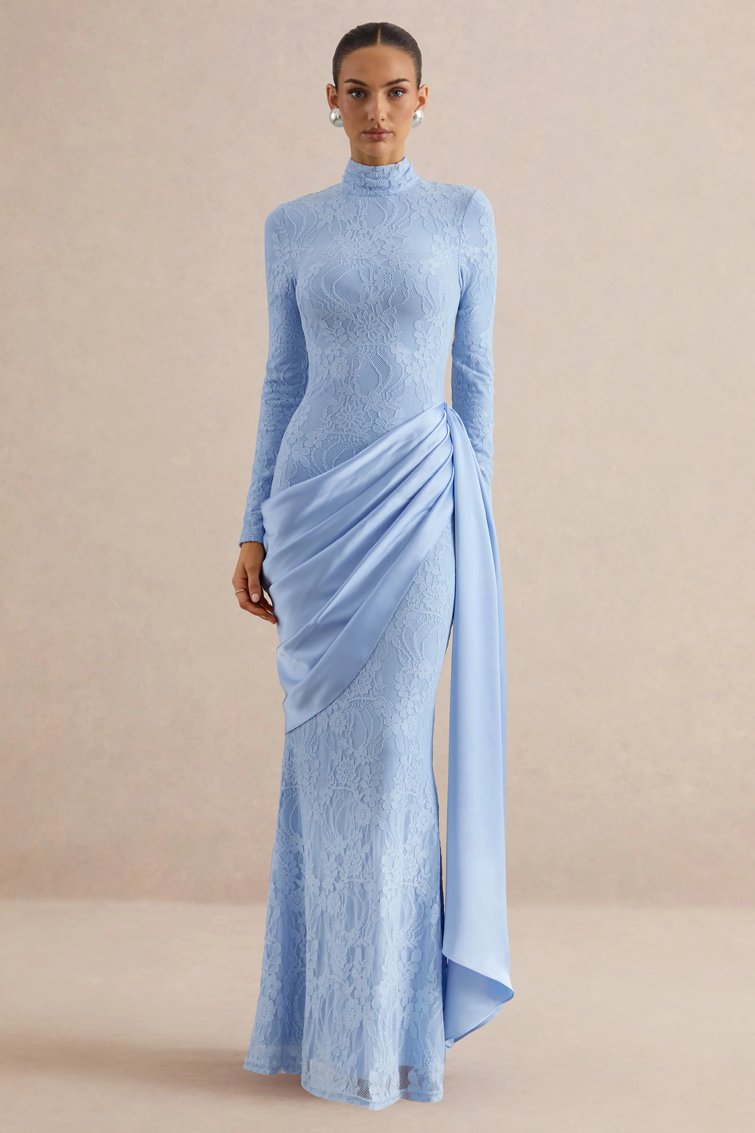 Enestra | Powder Blue Lace High Neck Long Sleeve Maxi Dress With Draped Detailing And Sash