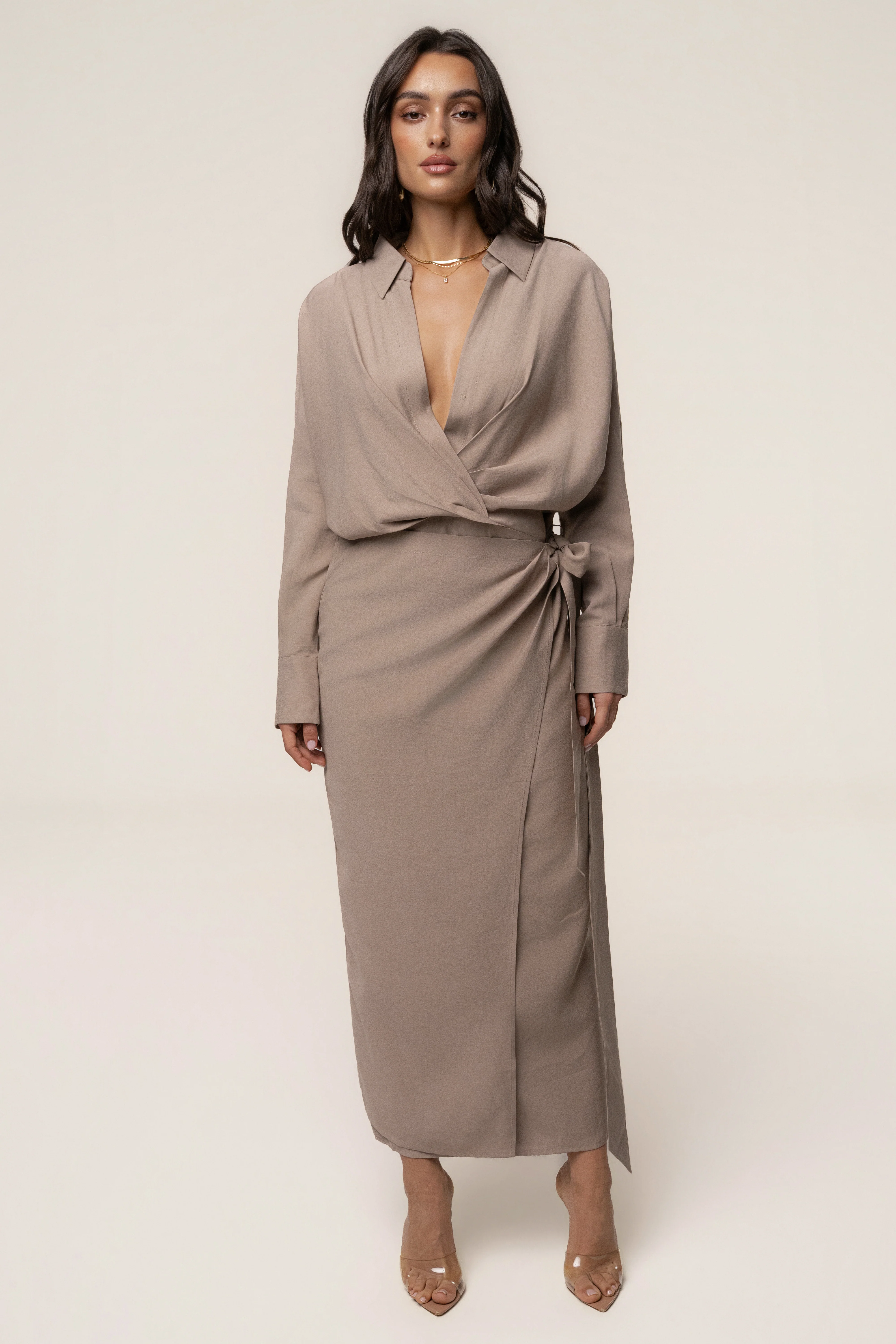 Beige Skyline Wrap Midi Dress