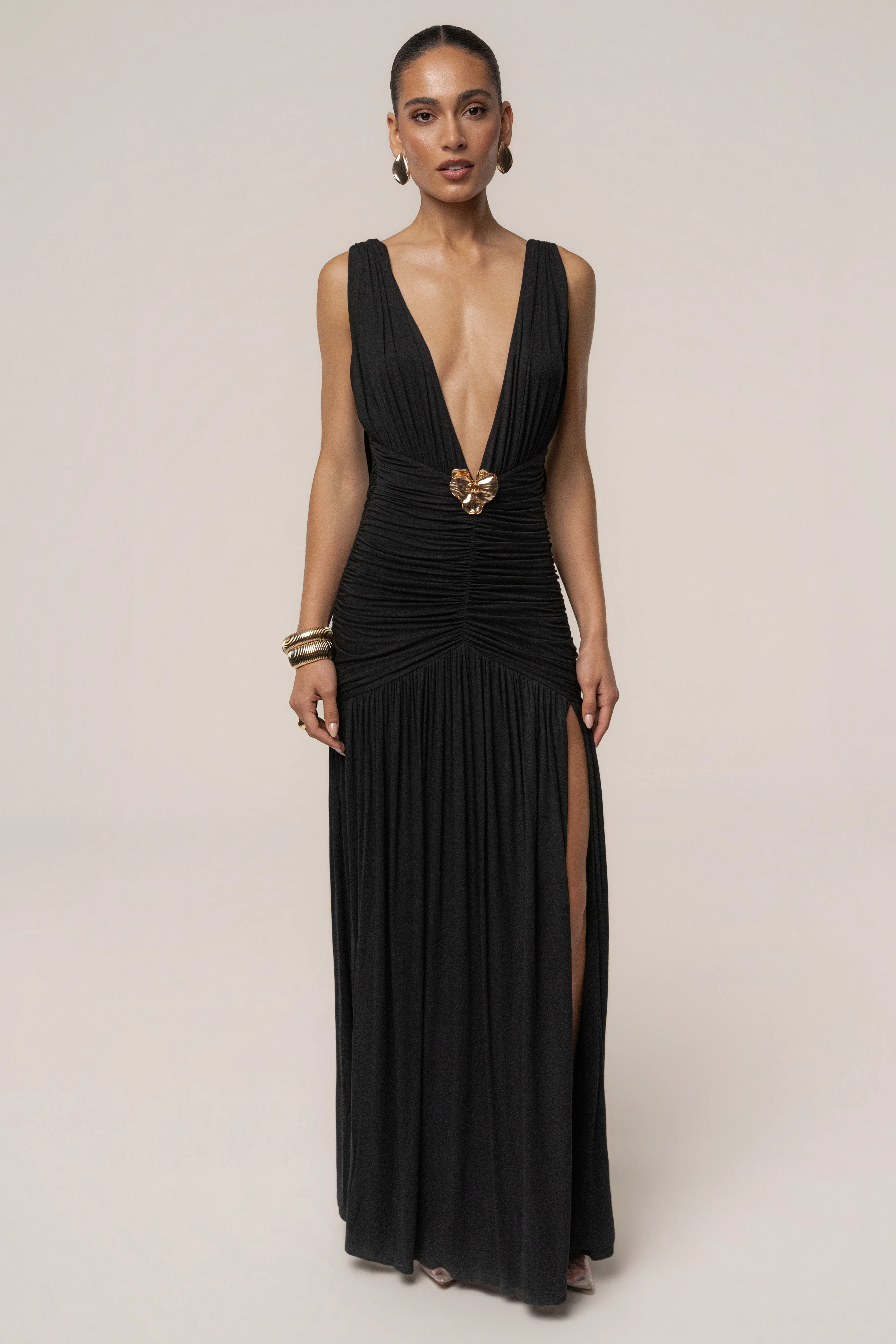 Black Golden Evenings Halter Dress