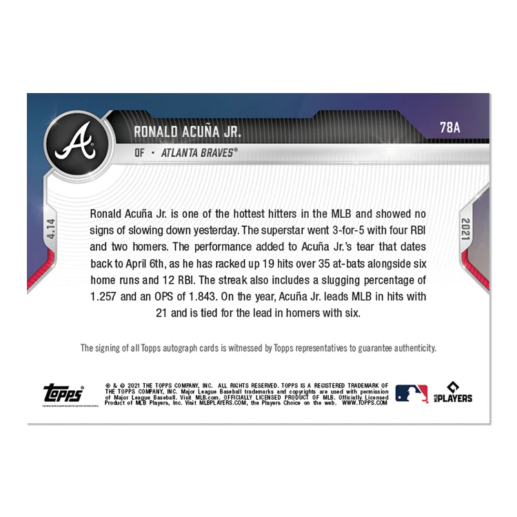 On-Card Auto # to 99 - Ronald Acuña Jr.- 2021 MLB TOPPS NOW® Card 78A