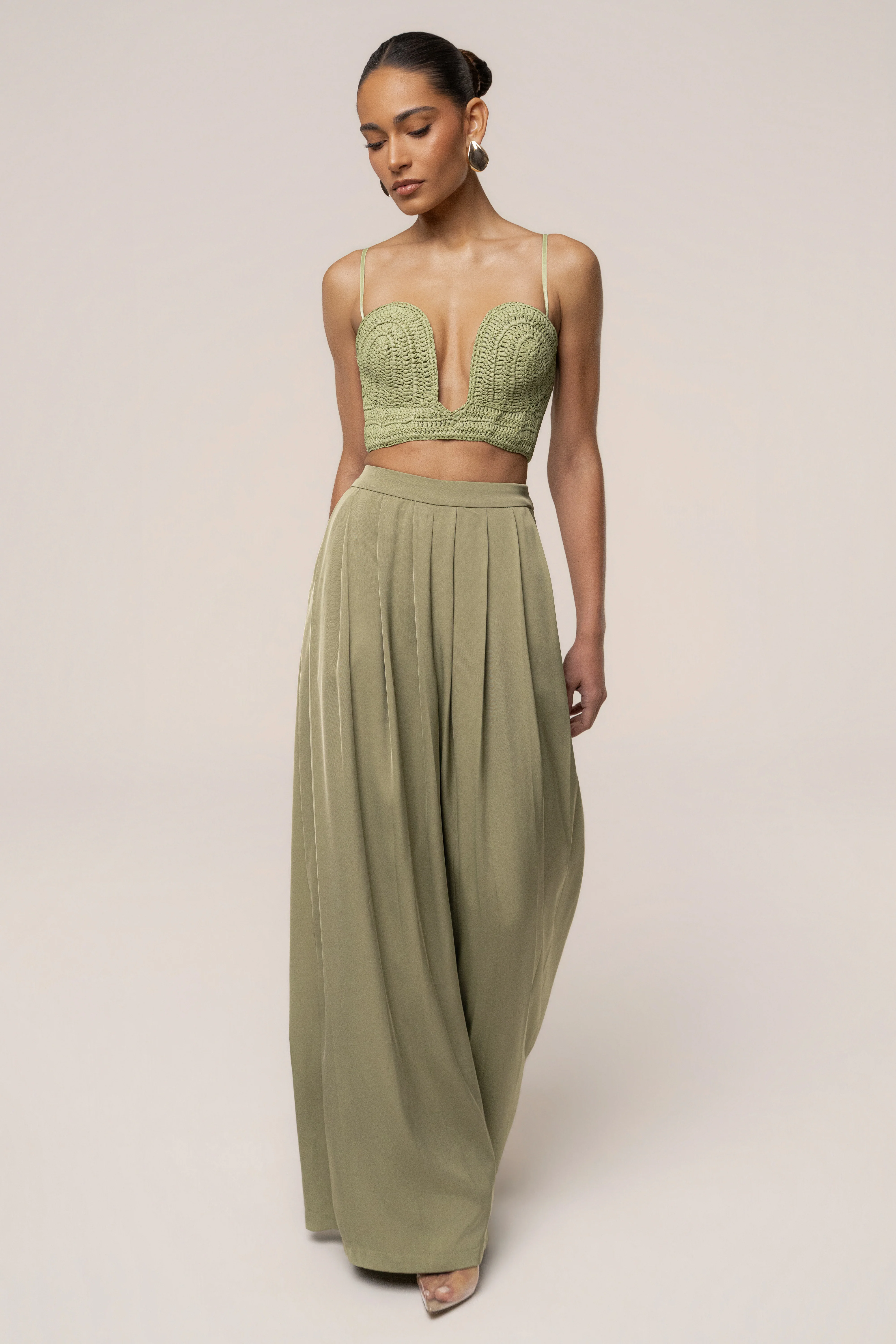 Olive Clara Wide Leg Pleated Trousers