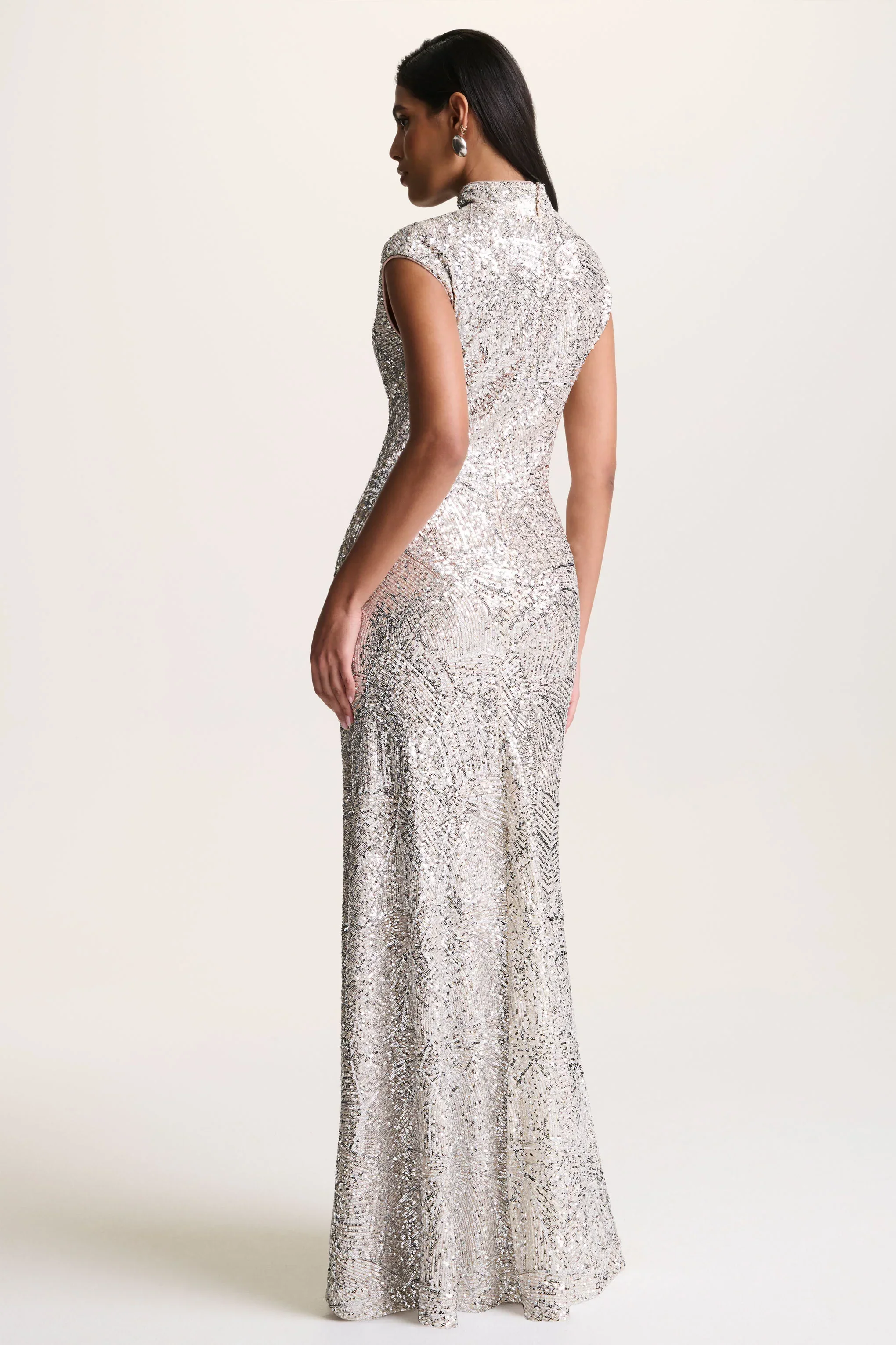 Cecy | Silver Sequin High-Neck Maxi Dress With Cap Sleeves