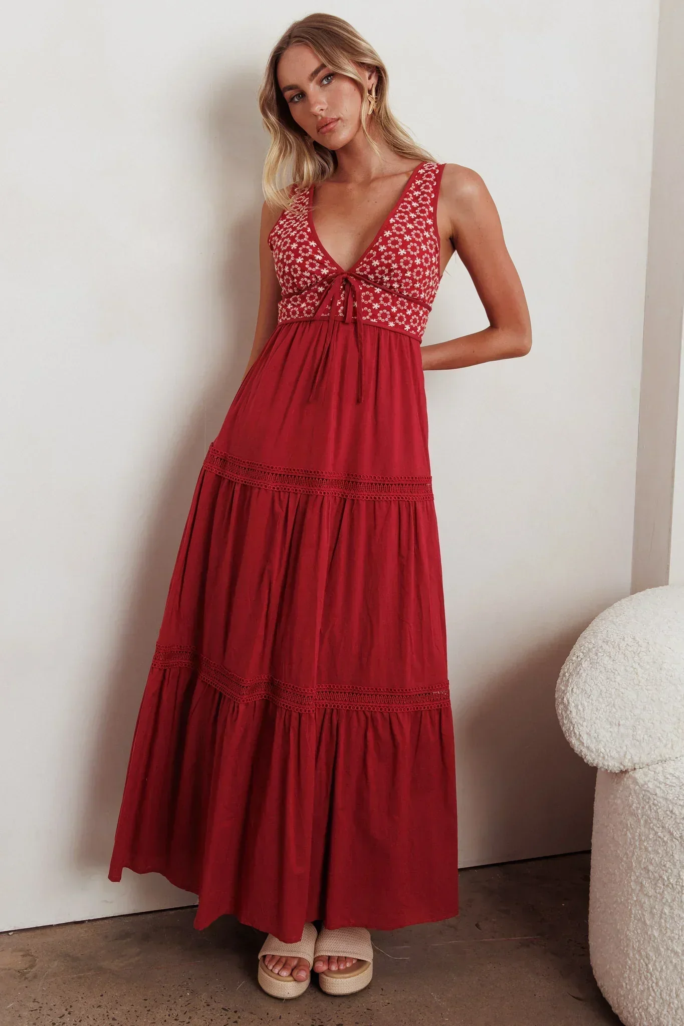 Joycelin V-Neck Eyelet Maxi Dress Red