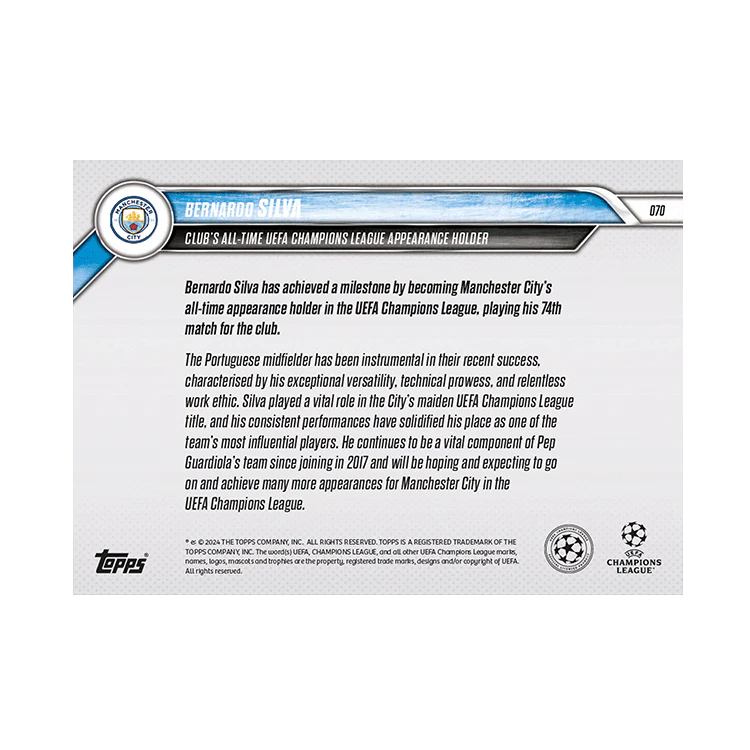 Bernardo Silva - Club's All-Time UEFA Champions League Appearance Holder - 24/25 UCL Topps NOW® Card 70