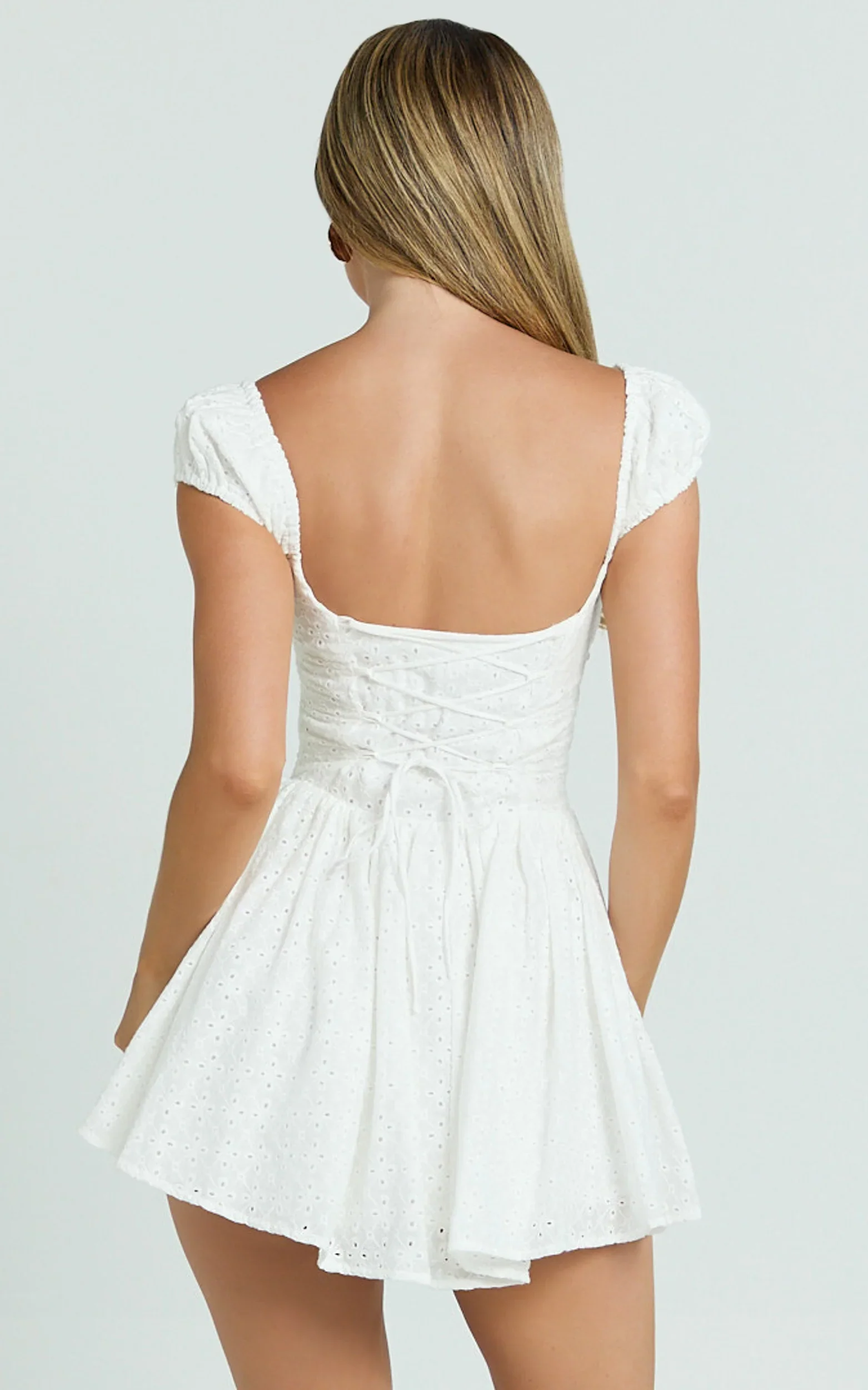 Chester Mini Dress - Cap Sleeve Corset Waist Fit And Flare Broiderie Dress in White