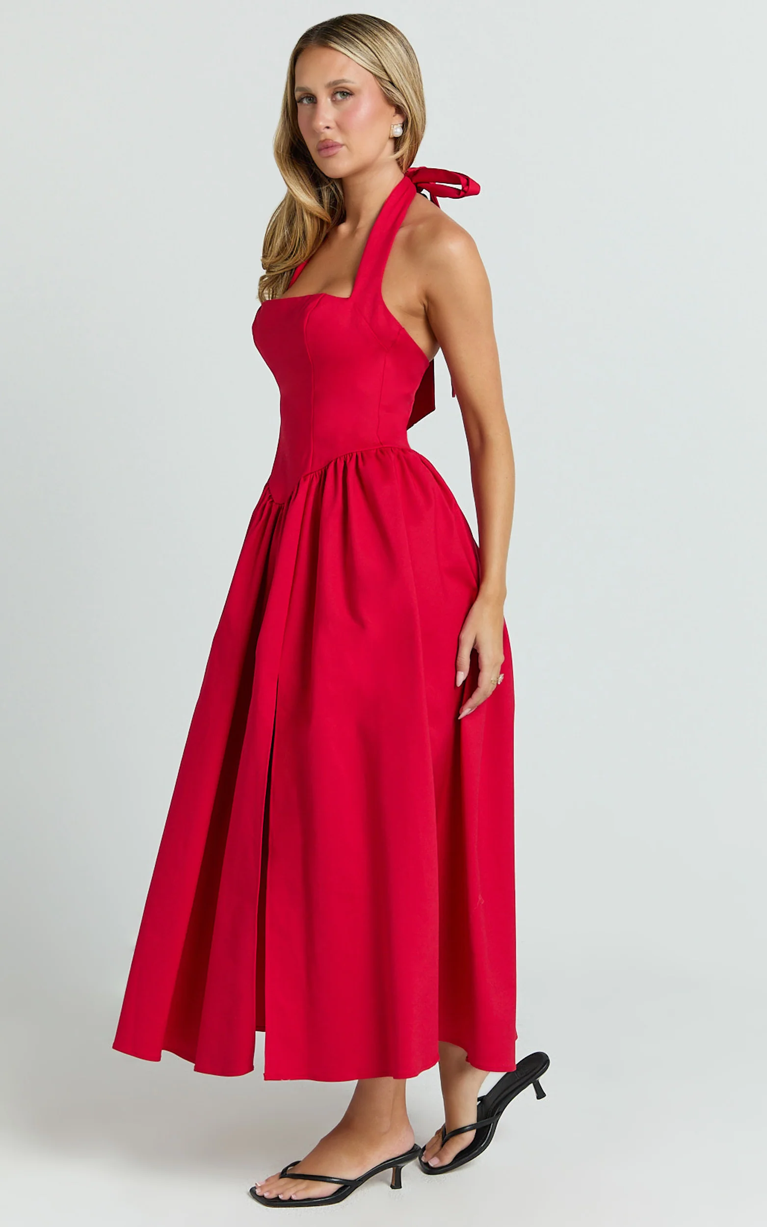 Helda Midi Dress Halter Tie Neck Corset Panel Dress in Red