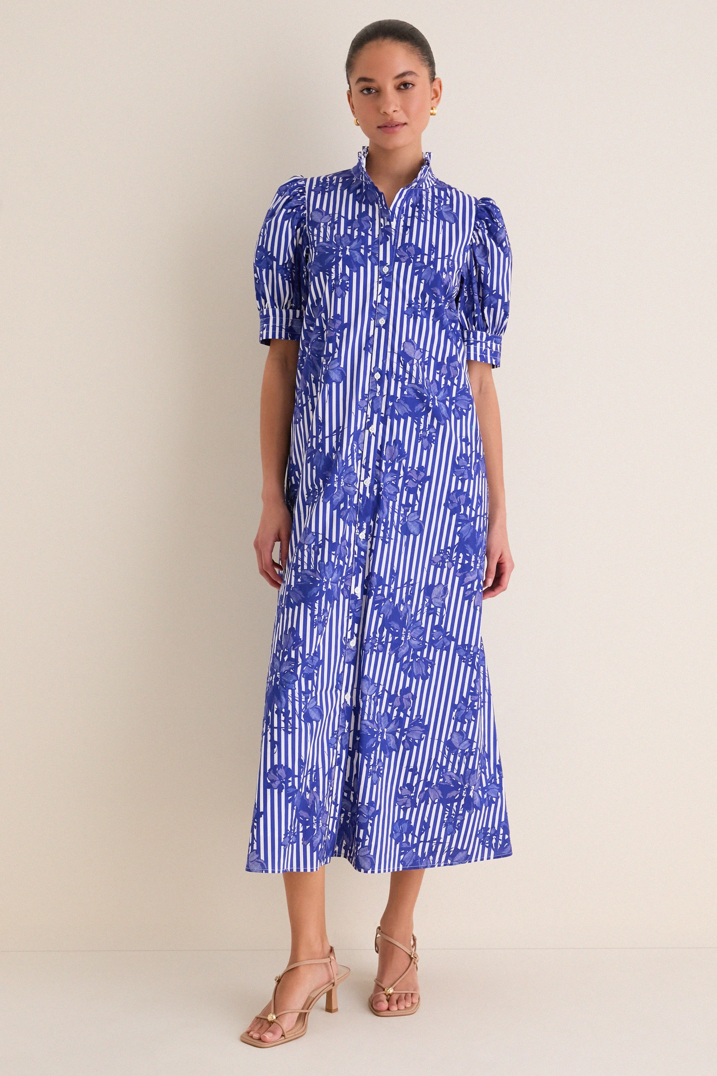 Blue & White Striped Floral Louisa Maxi Dress