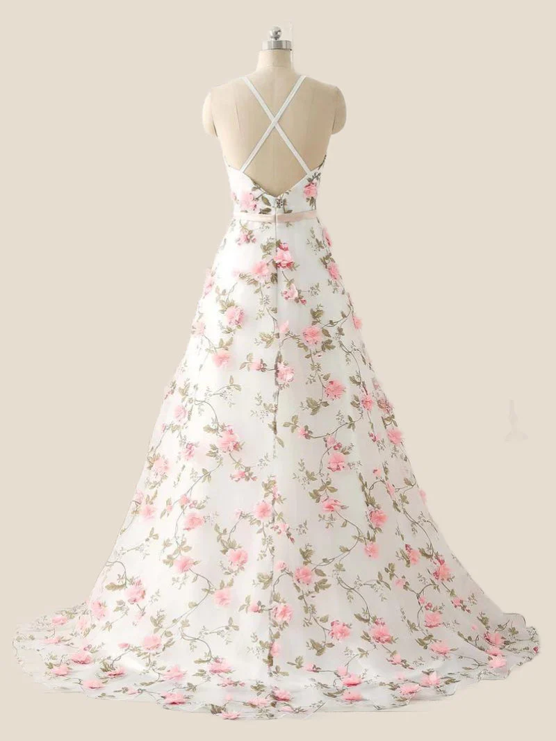 White Straps 3D Floral A-line Long Prom Dress
