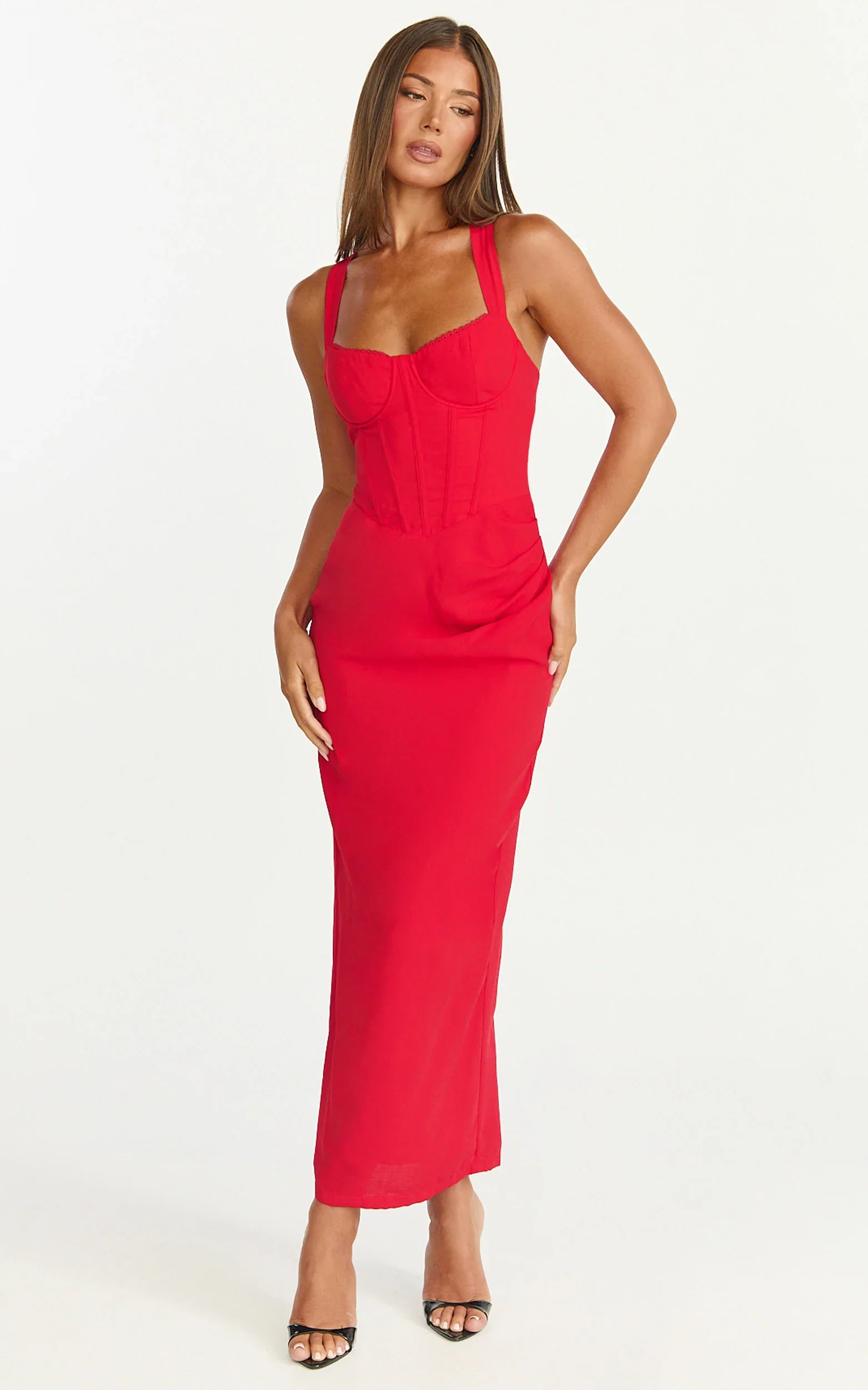 Lila Midi Dress - V Neck Corset Top Bodycon Dress in Red
