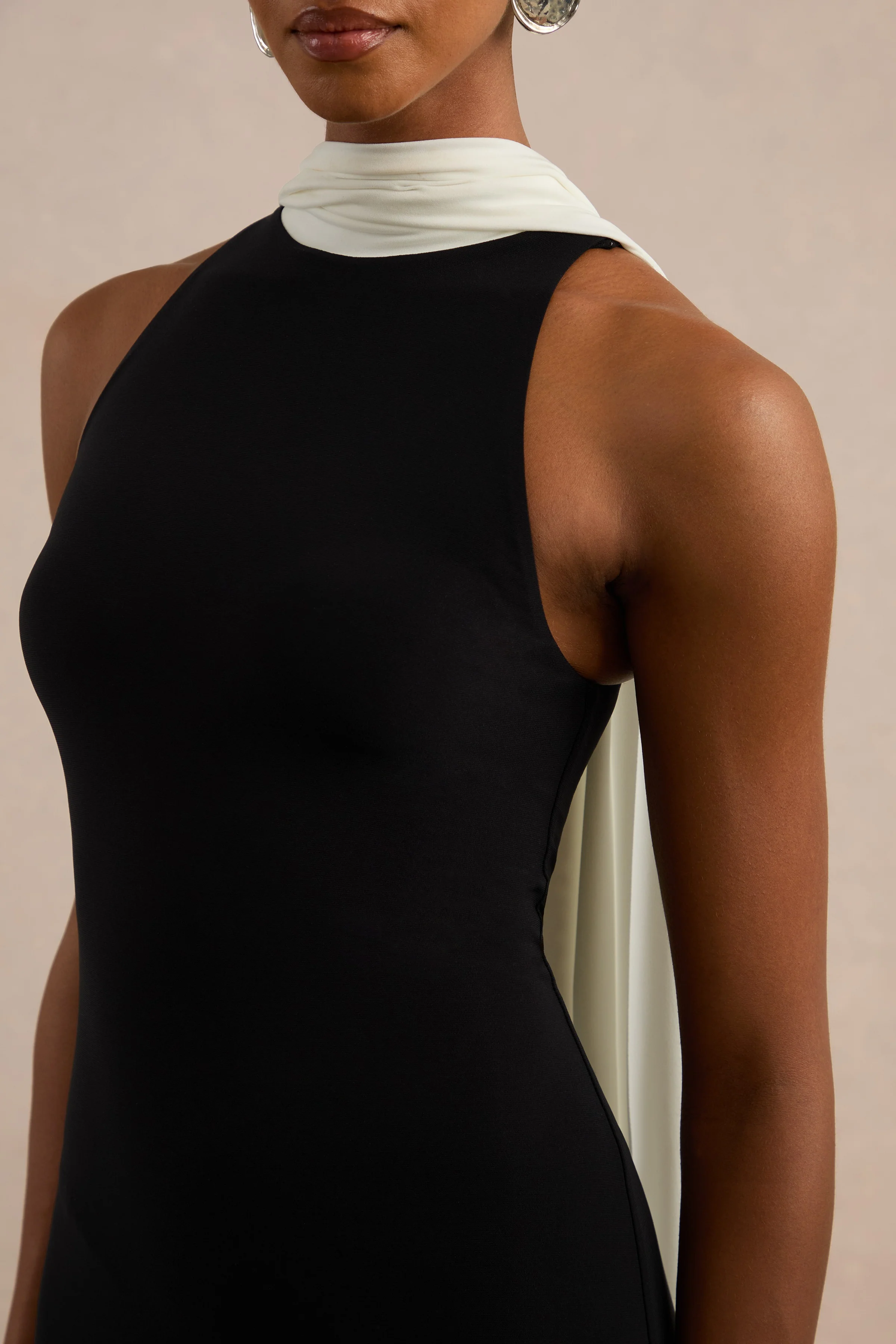 Calise | Monochrome Jersey High Neck Maxi Dress With Scarf Detail