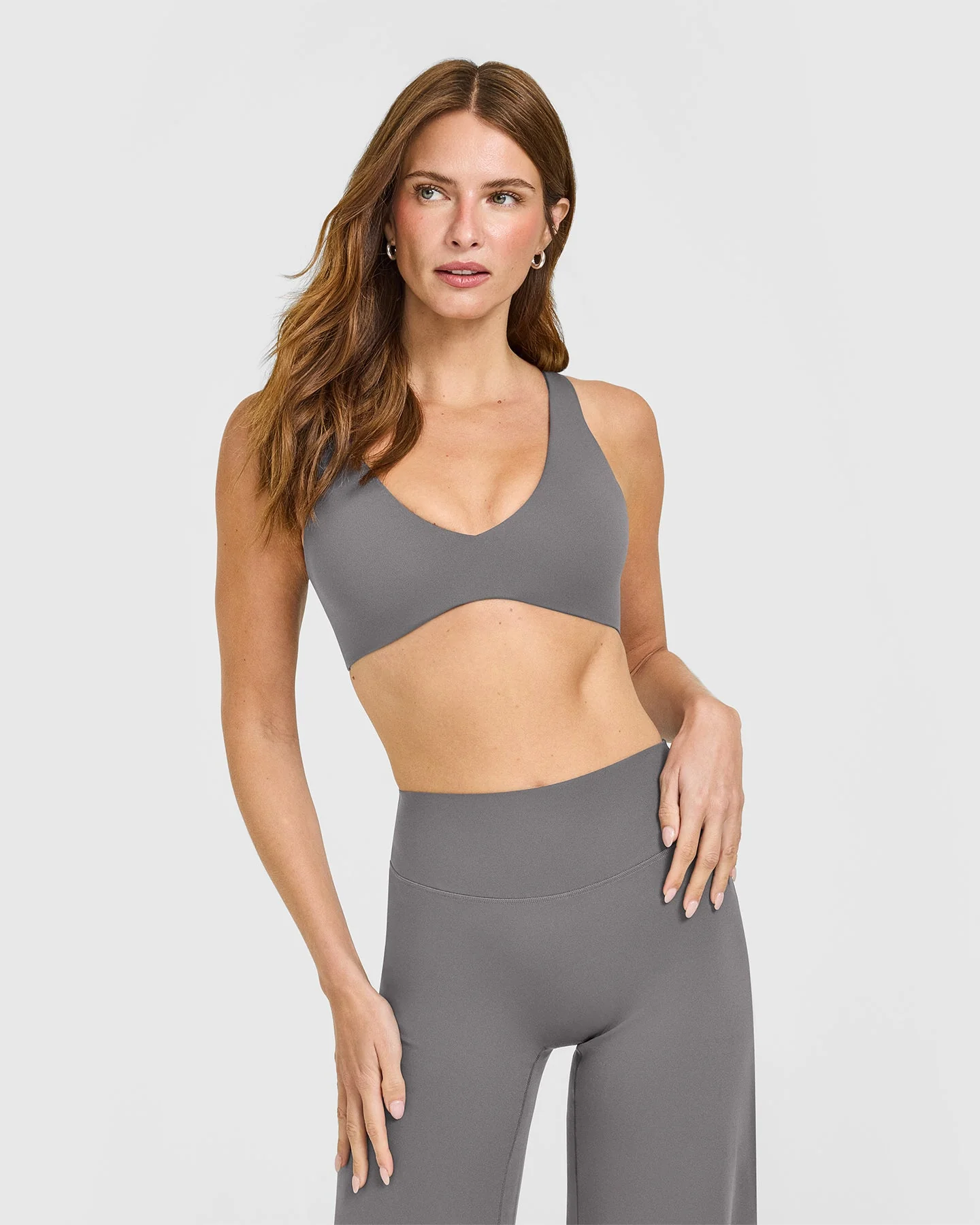 SoftMotion™ Scoop Back Bralette with White Logo | Ash Grey