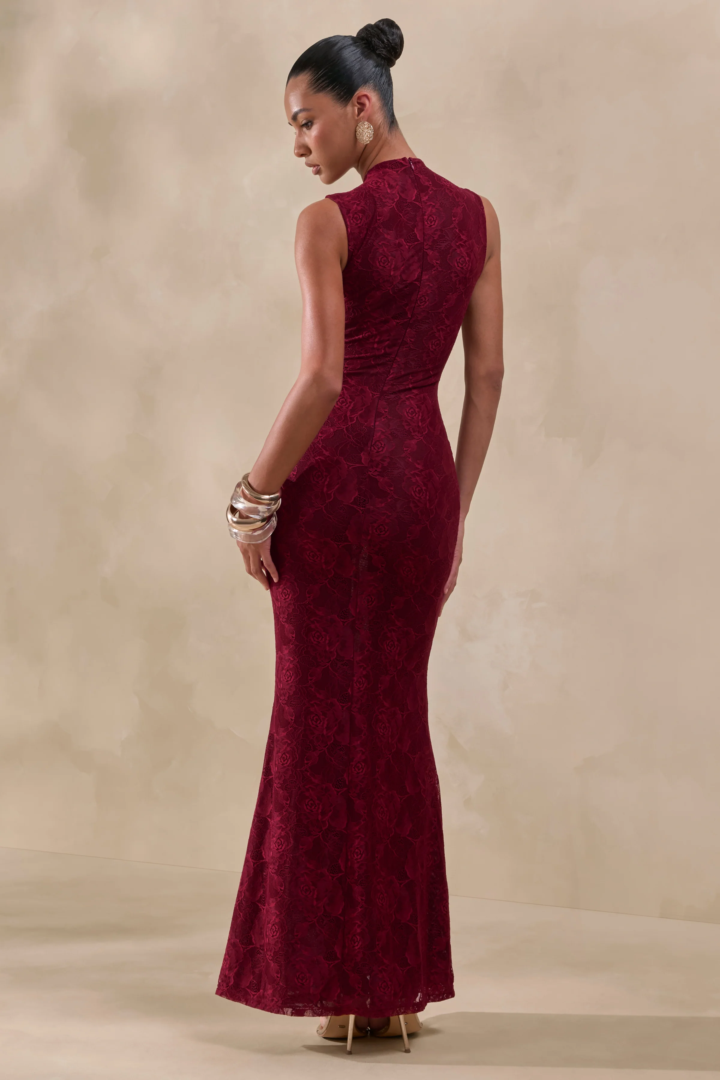 Ravissa | Burgundy Sheer Lace High-Neck Maxi Dress