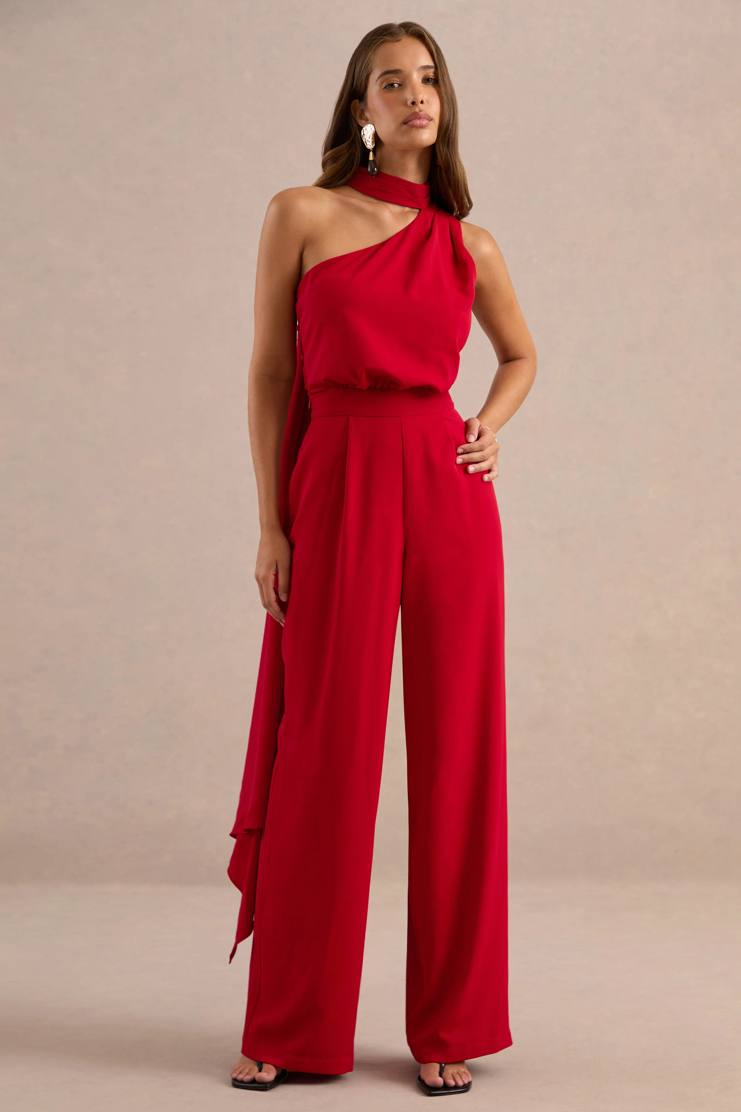 Gliselle | Red One Shoulder Jumpsuit With Scarf Detail