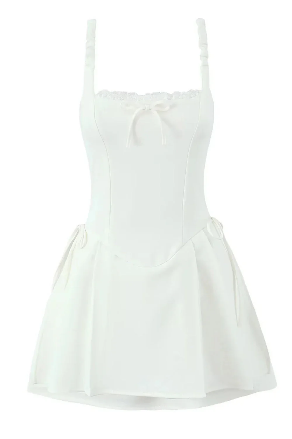 Black Square Lace Neck  Bow Short Dress