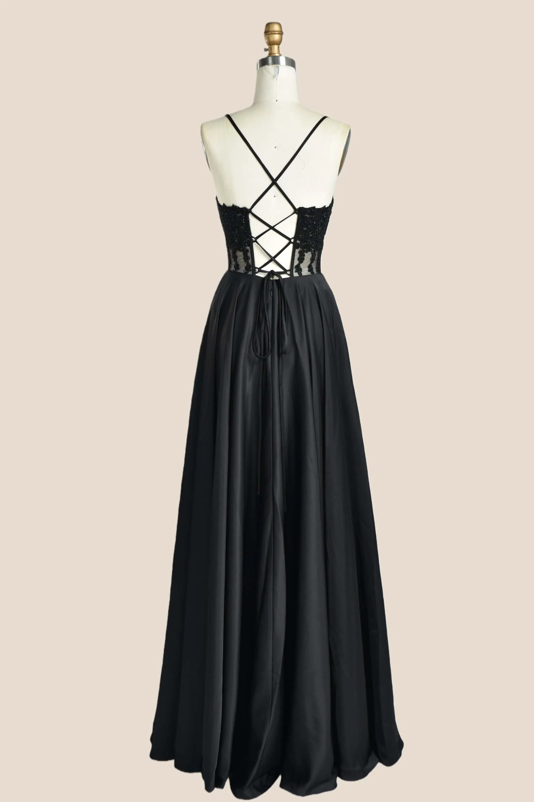 Black Appliques Satin A-line Long Formal Dress