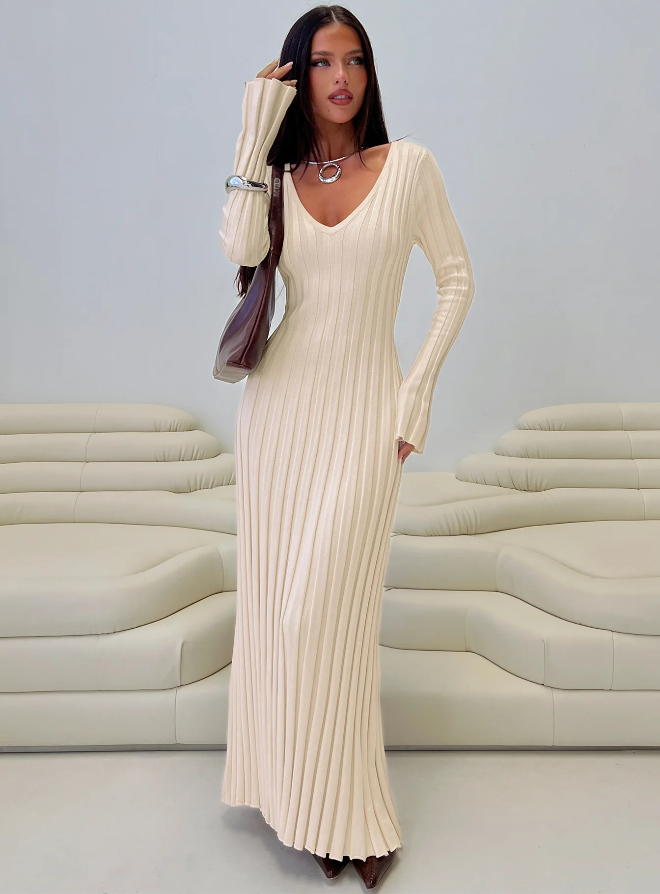 Gratuita Long Sleeve Rib Maxi Dress Cream
