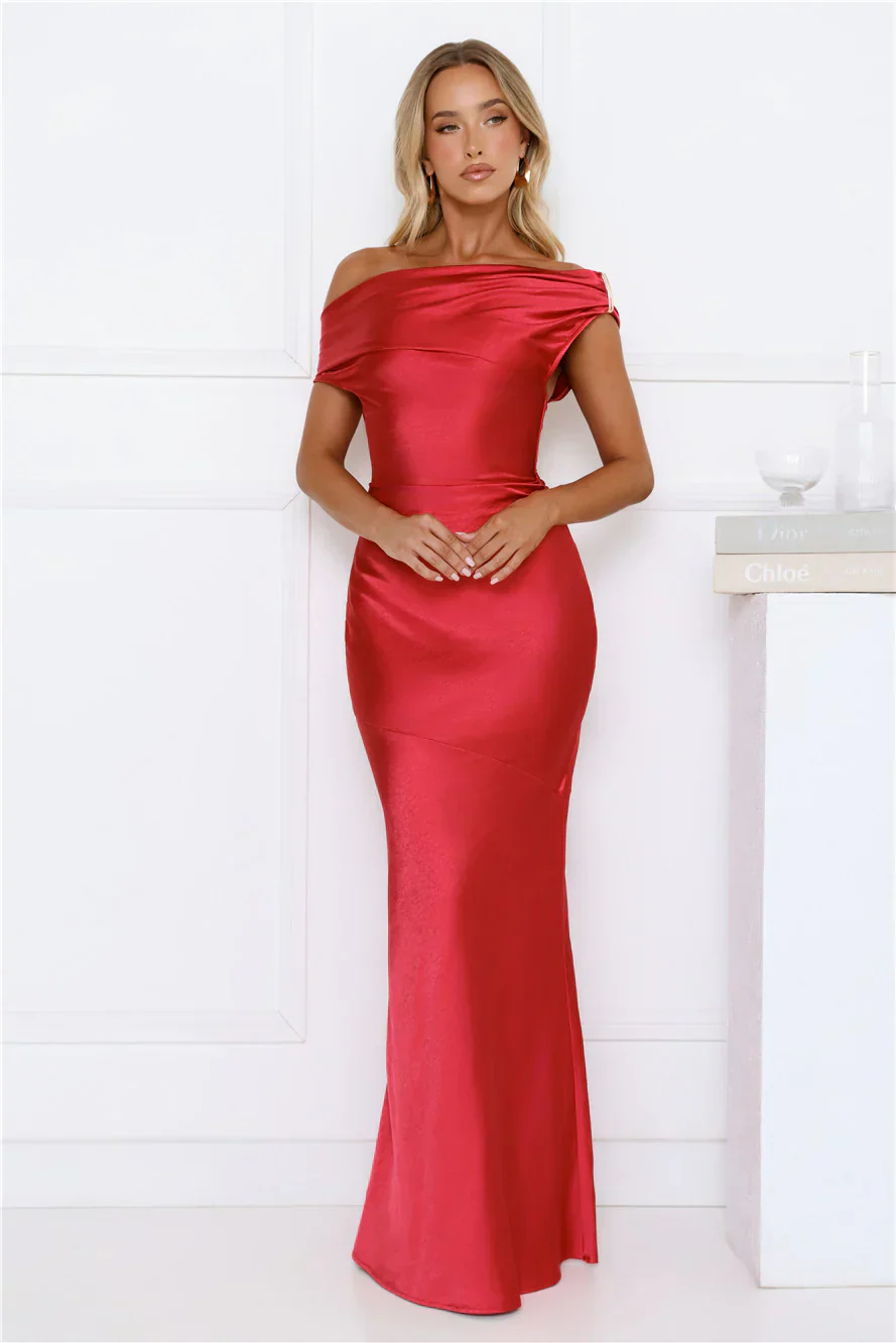 She’s A Dream Satin Off Shoulder Maxi Dress Red
