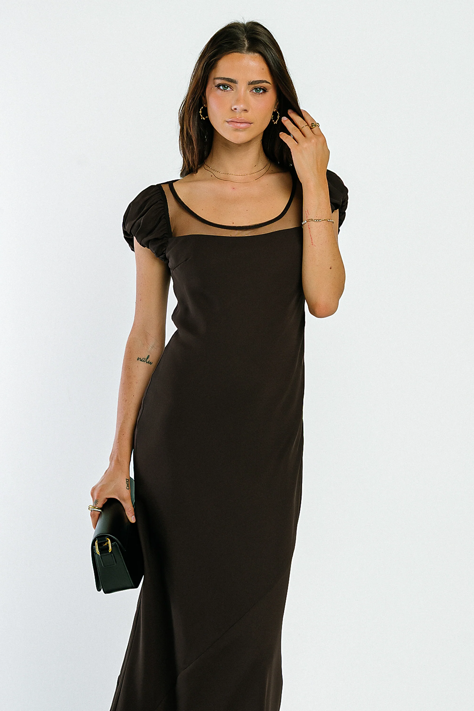 Ellie Mesh Maxi Dress in Brown