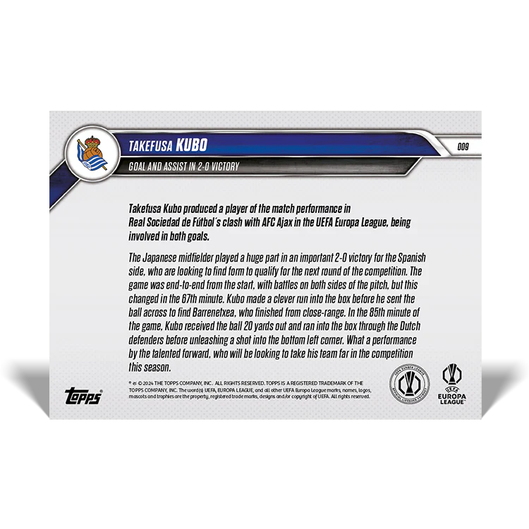 Takefusa Kubo - Goal and assist in 2-0 victory - 24/25 UEL Topps NOW® Card 9
