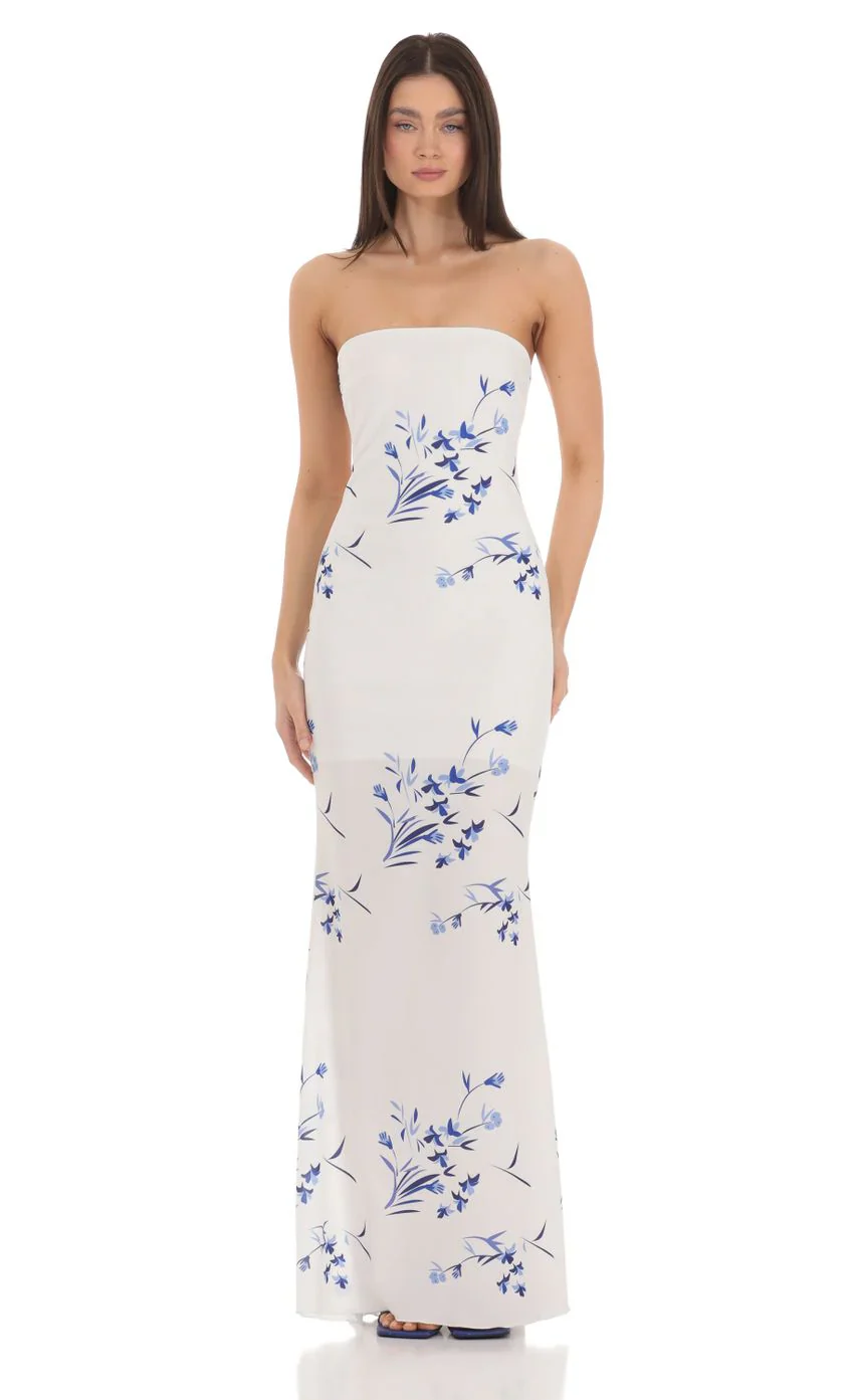 Floral Back Bow Strapless Maxi Dress in White