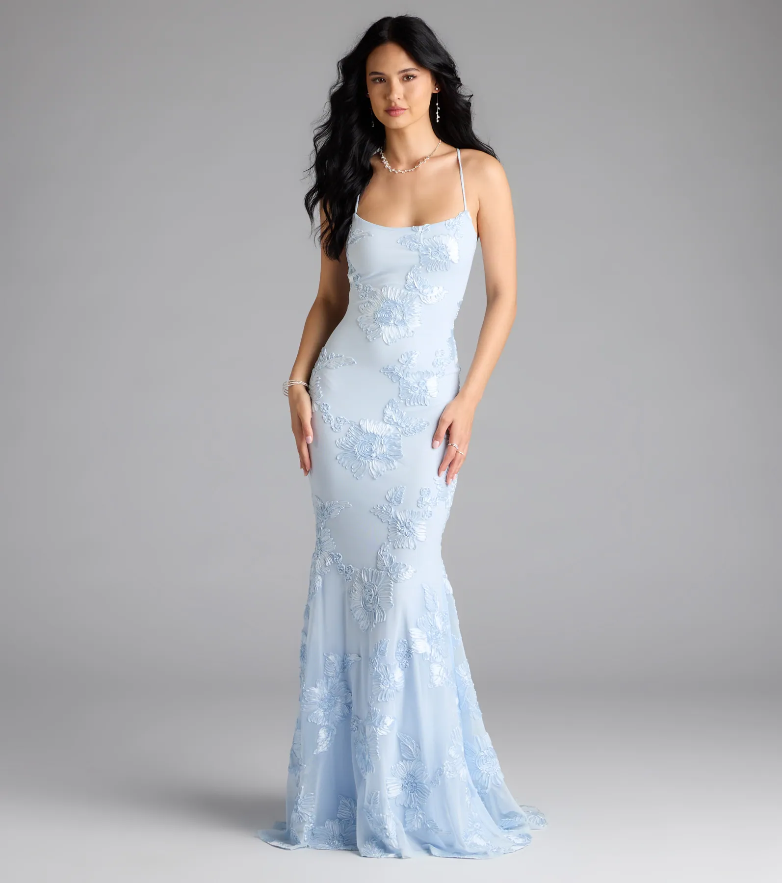 Gabi Lace-Up Floral Trim Mermaid Formal Dress