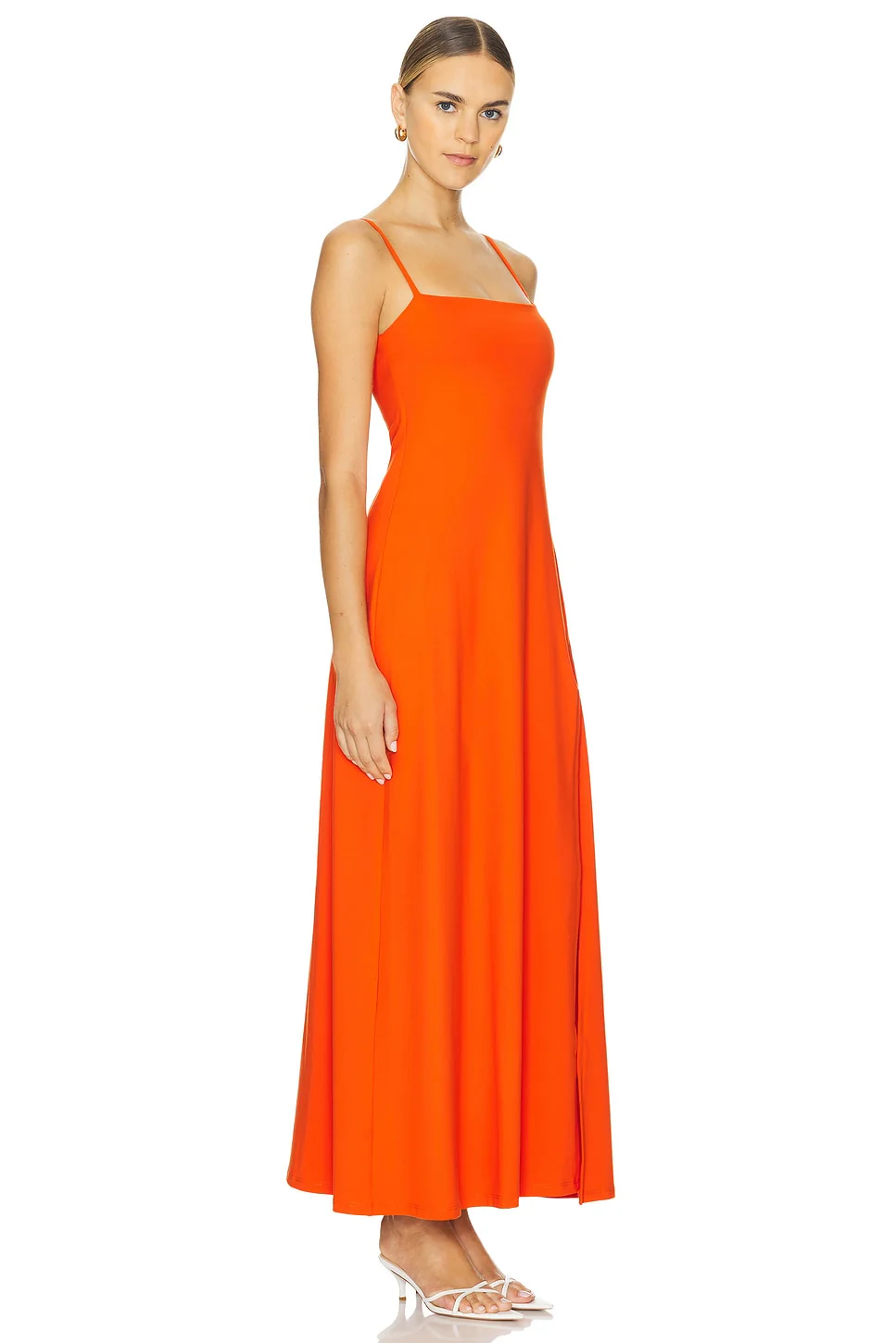 Wide Strap Flare Slit Dress