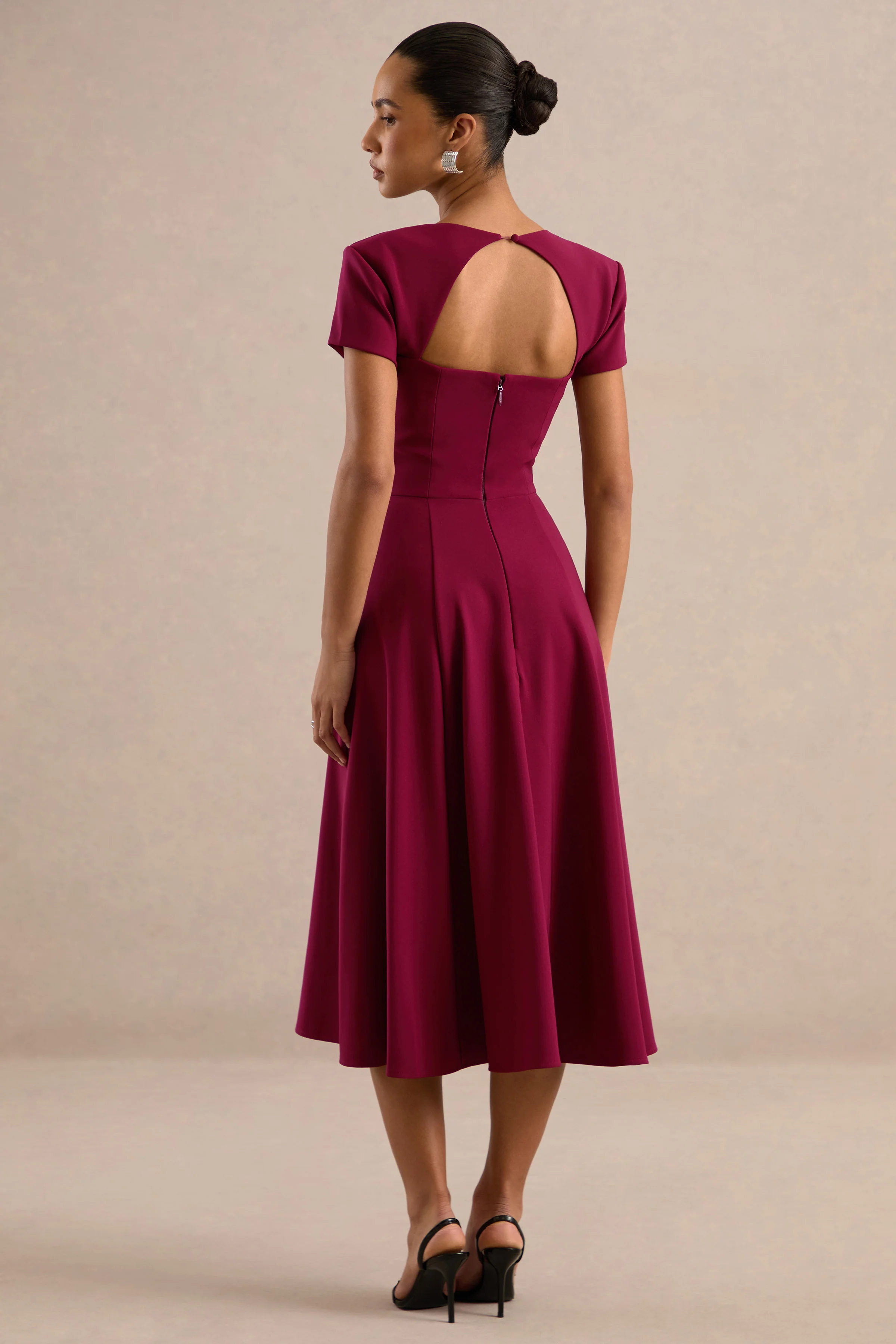Donia | Burgundy Square Neck Short Sleeve A-Line Midi Dress