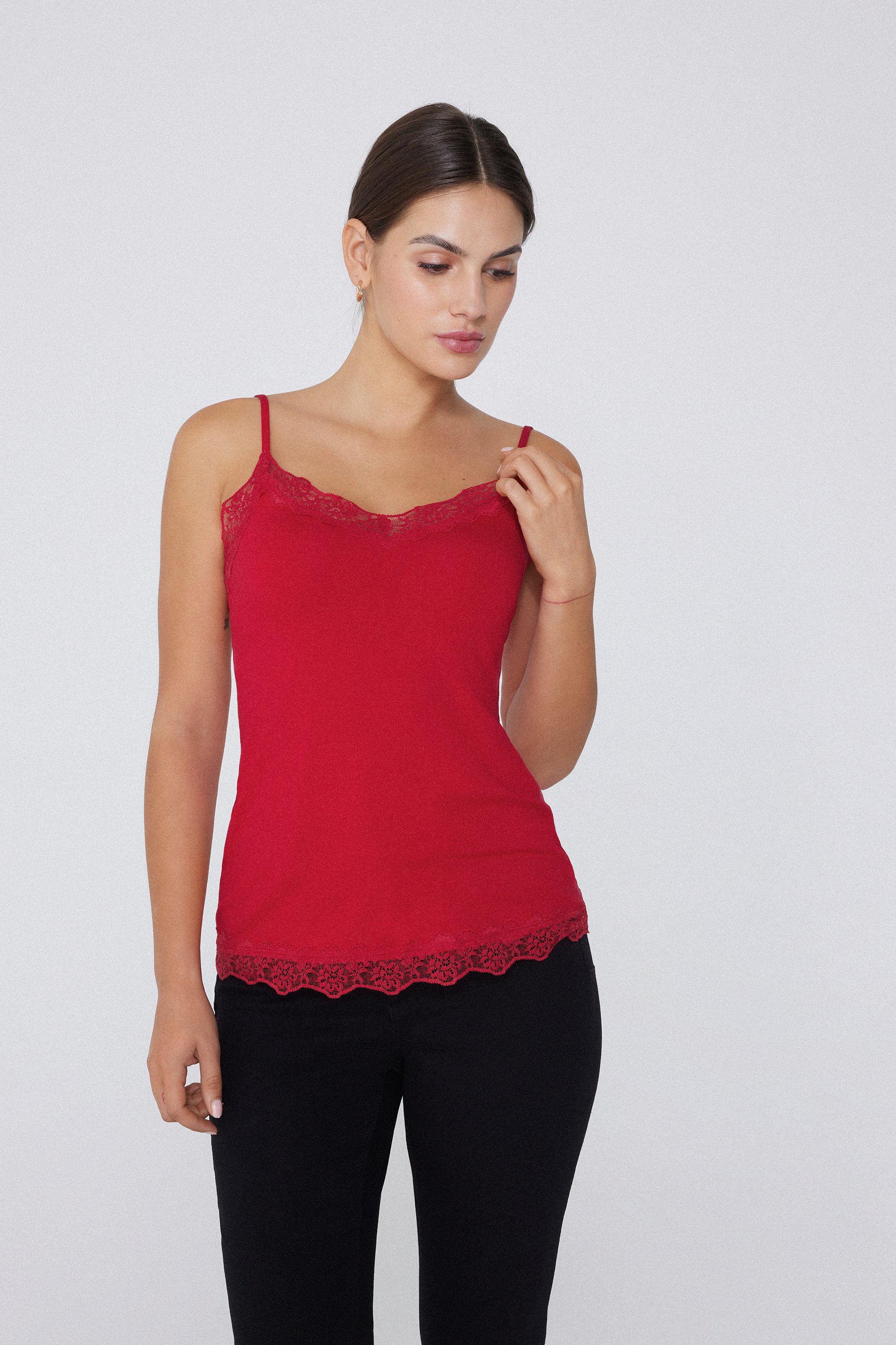 Viscose and Lace Camisole with Thin Shoulder Straps and V-Neck