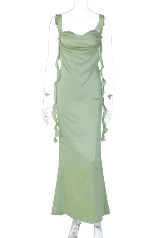 Green Ruffle Straps Fitted Long Maxi Dress