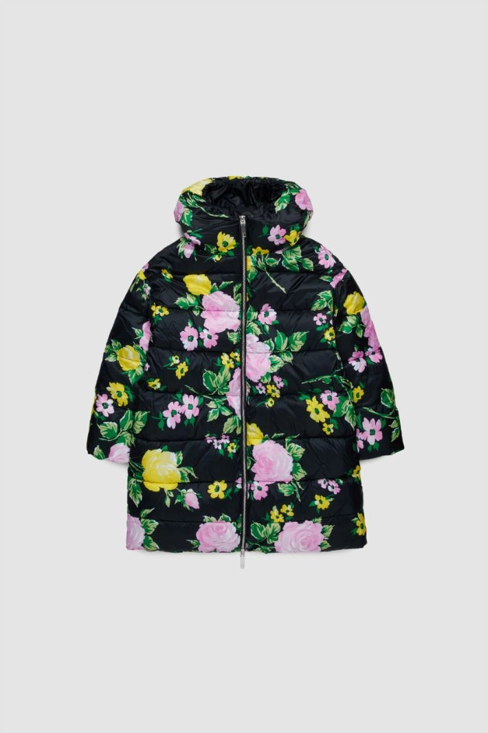 Floral long puffer jacket KID - BLACK