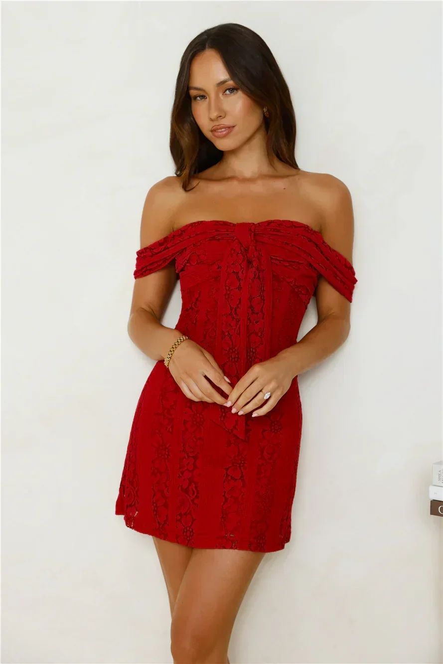 Dainty Number Off Shoulder Lace Mini Dress