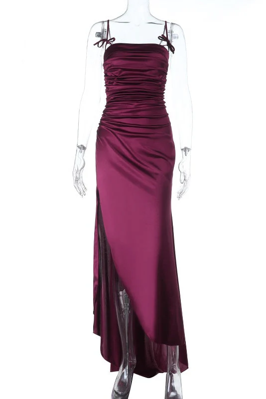 Burgundy Straps Ruched Slit Long Dress
