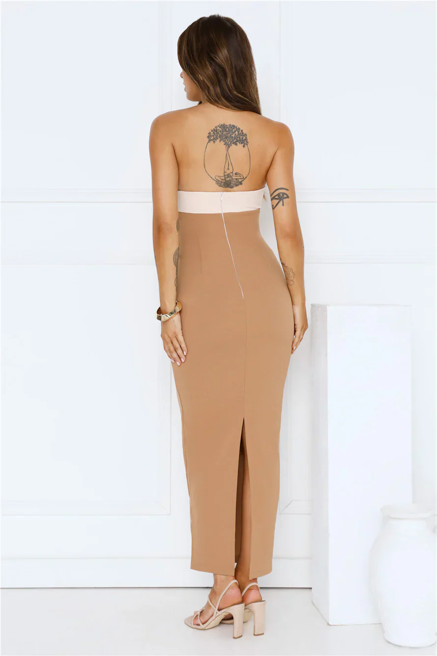 Silent Allure Strapless Maxi Dress Camel