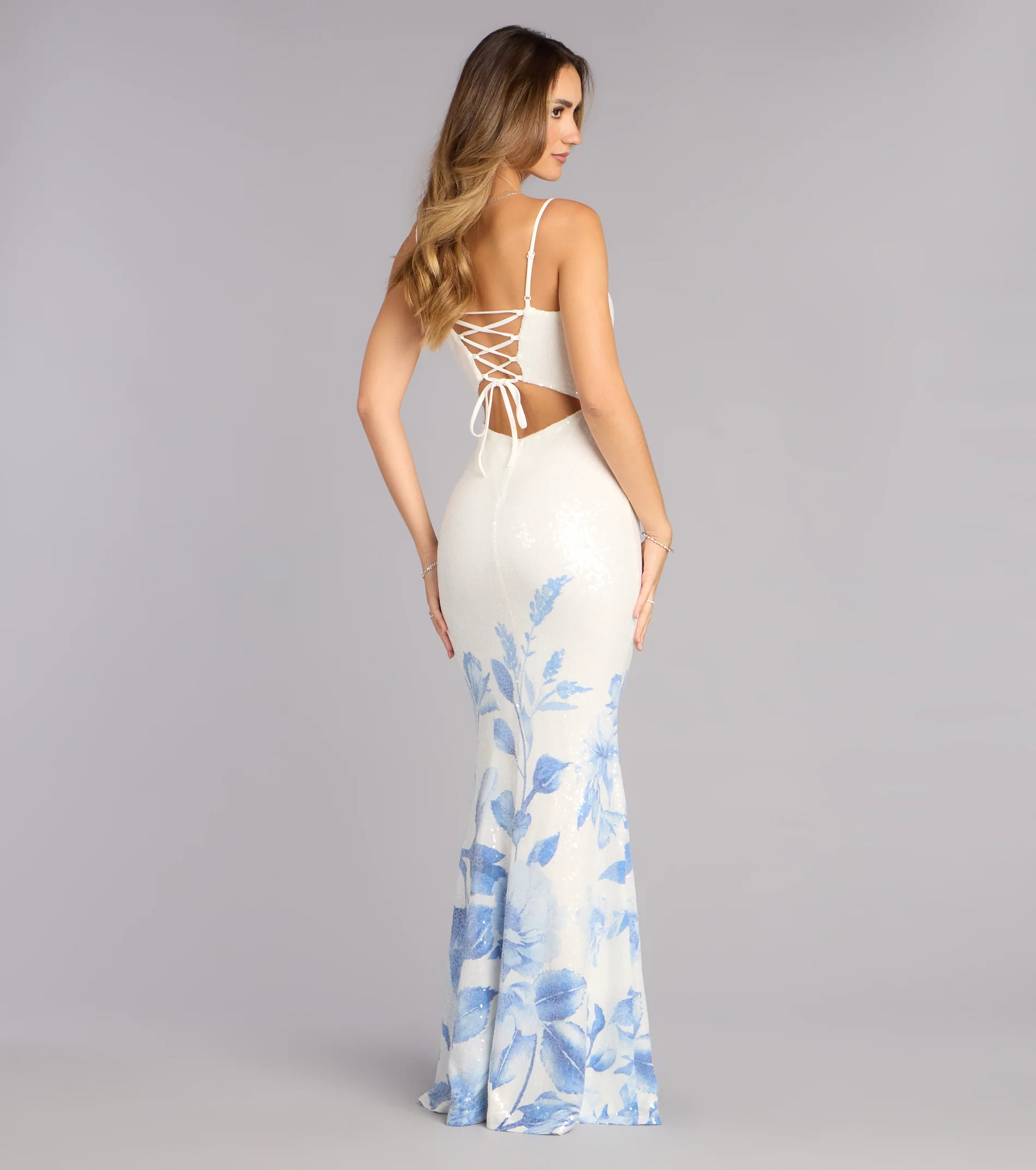 Annie Sequin Floral Lace-Up Formal Dress